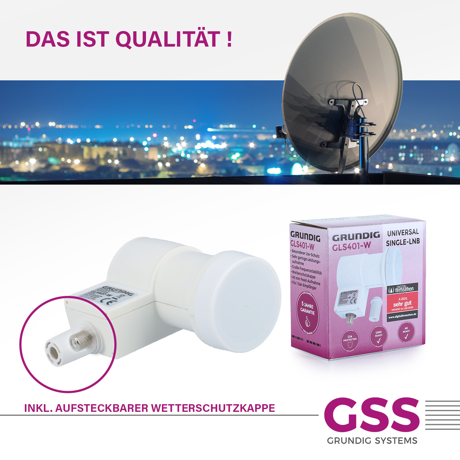 Werbung für einen Satellitenempfänger. Enthält eine Satellitenschüssel, einen Receiver und Text zur Qualität.