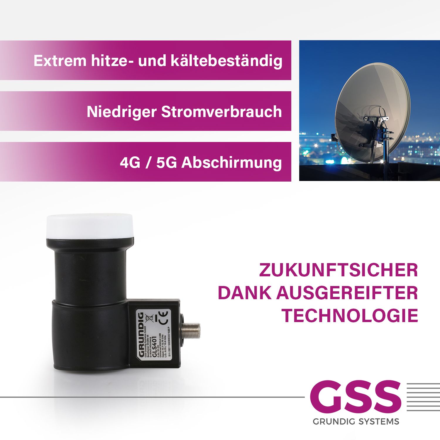Satellitenempfänger mit Text. Satellitenschüssel im Hintergrund. Text hebt die Merkmale des Geräts hervor.