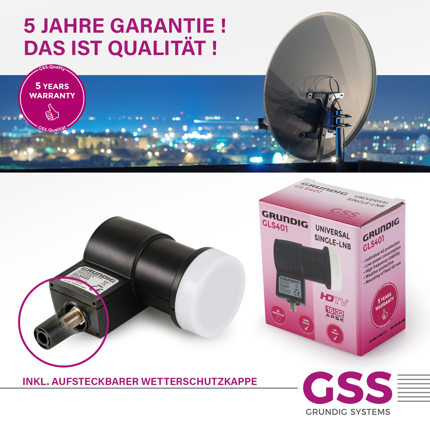 LNB, Box mit Text und eine Satellitenschüssel mit weißem Hintergrund.
