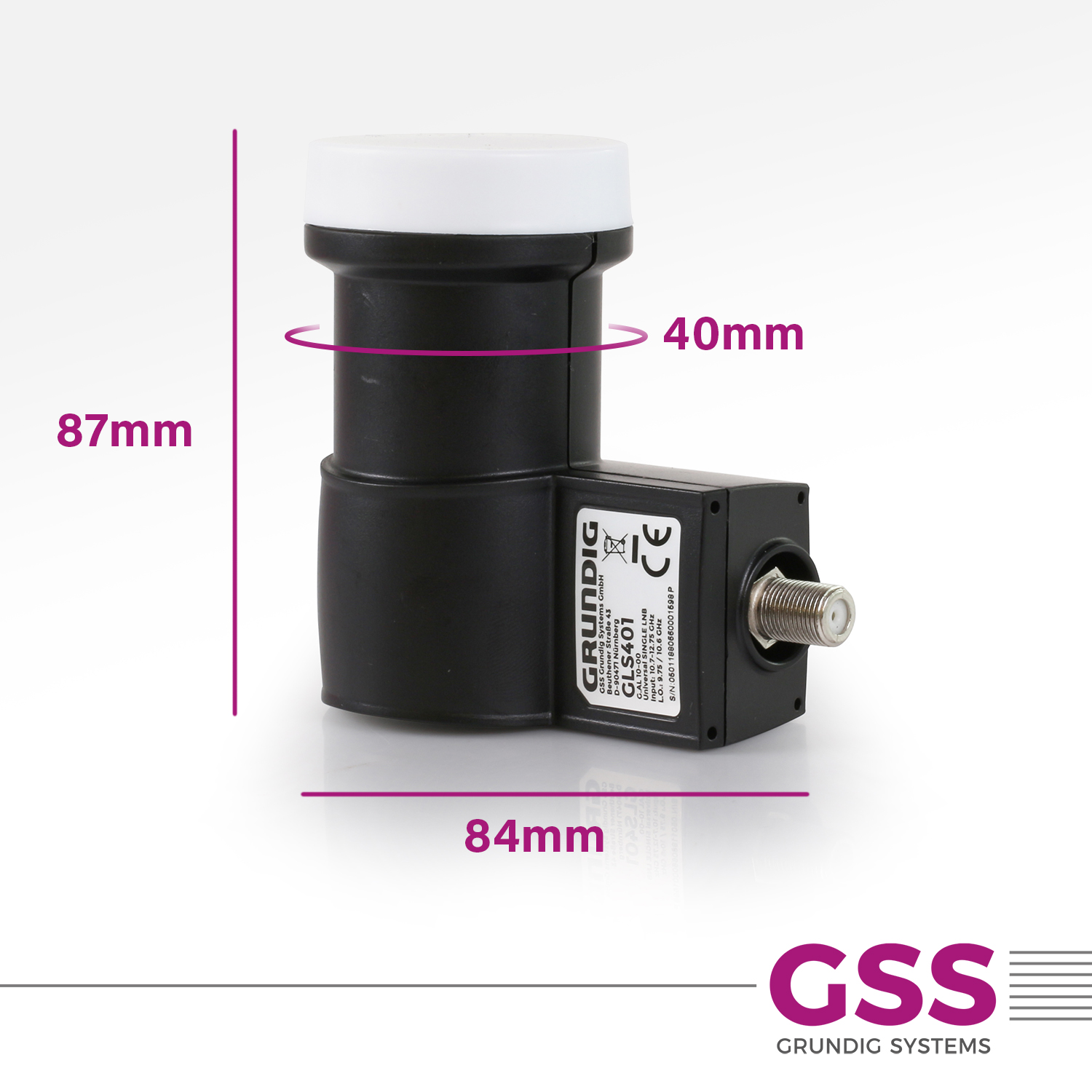 Ein Grundig LNB-Gerät mit Maßangaben und GSS-Logo unten.