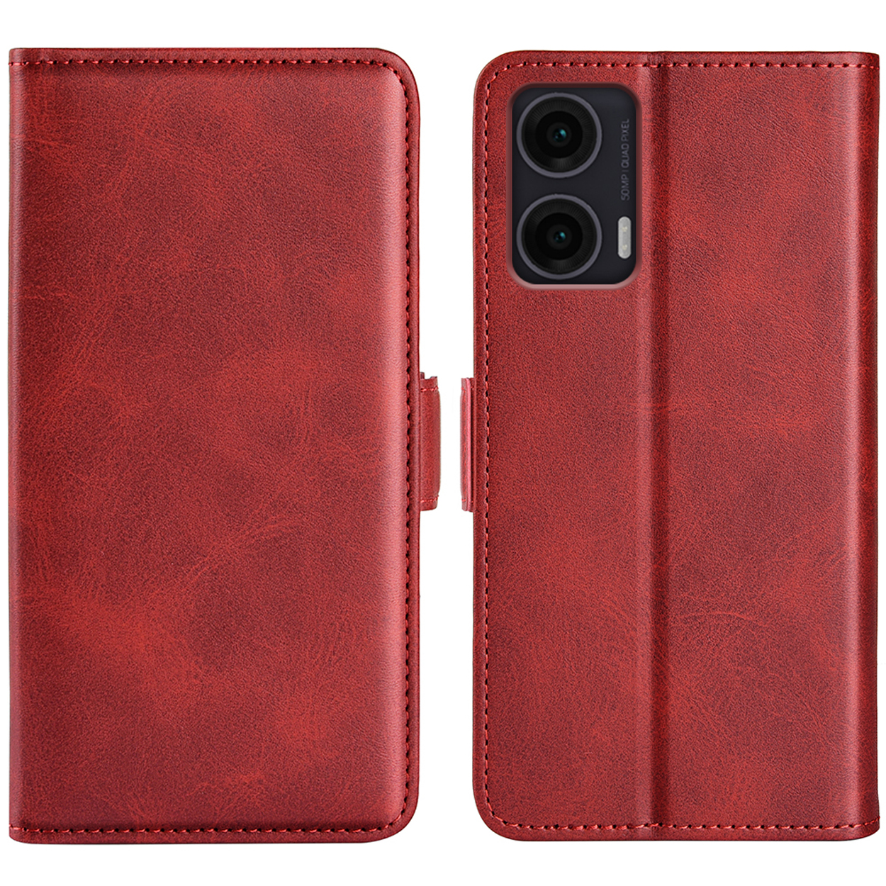 Étui de téléphone rouge, ouvert, affichant un téléphone.
