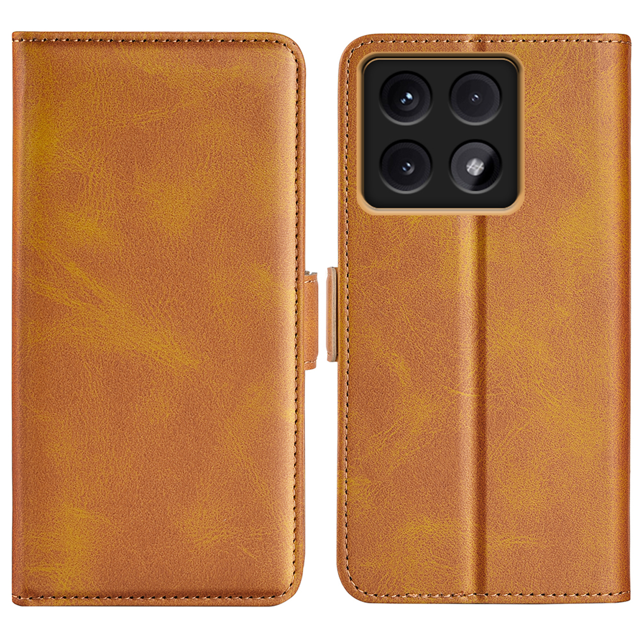 Een bruine leren telefoonhoes is open en toont de telefoonhouder en de buitenhoes.