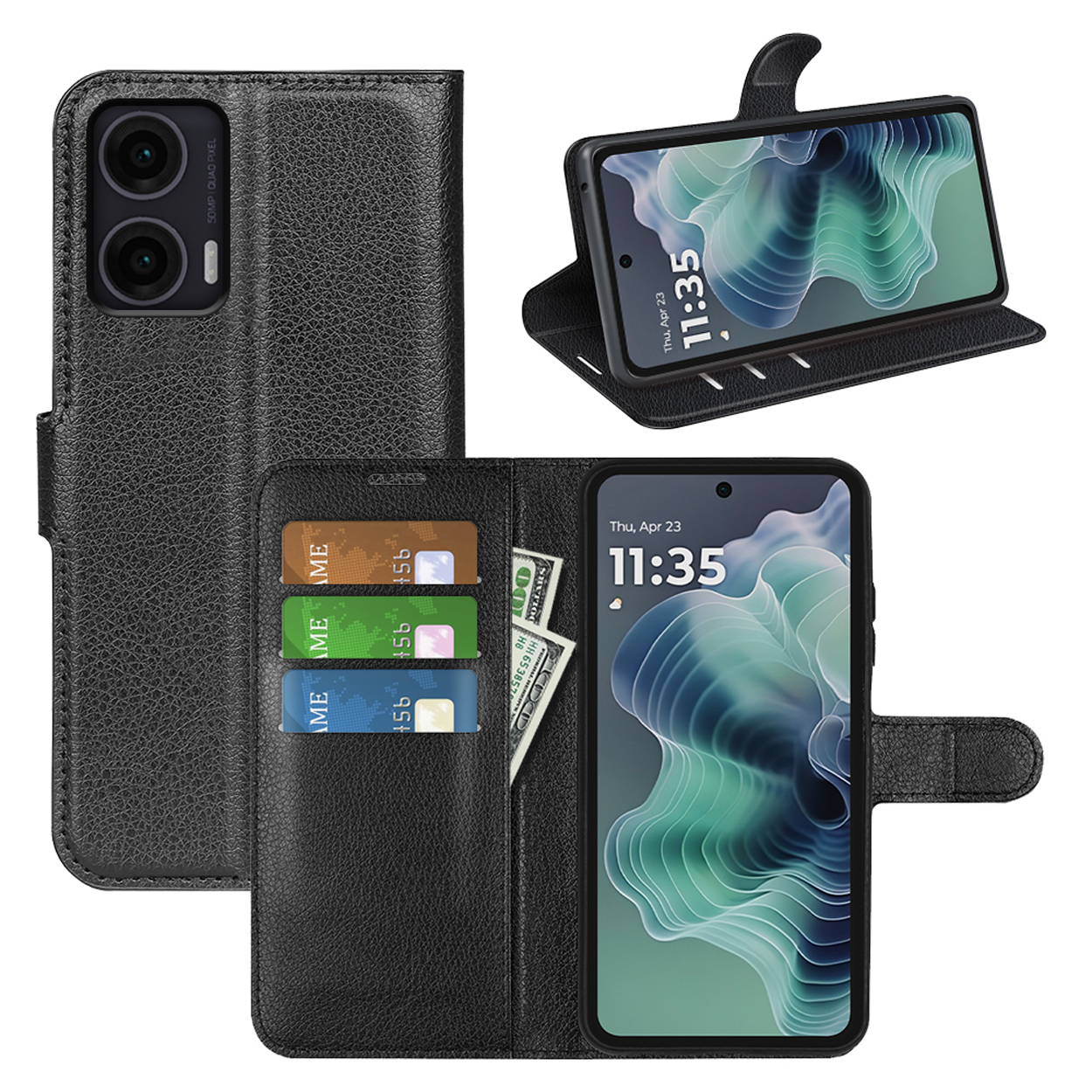 Étui de téléphone noir avec fonctions portefeuille. Téléphone à l'avant. Cartes et espèces dans le portefeuille.