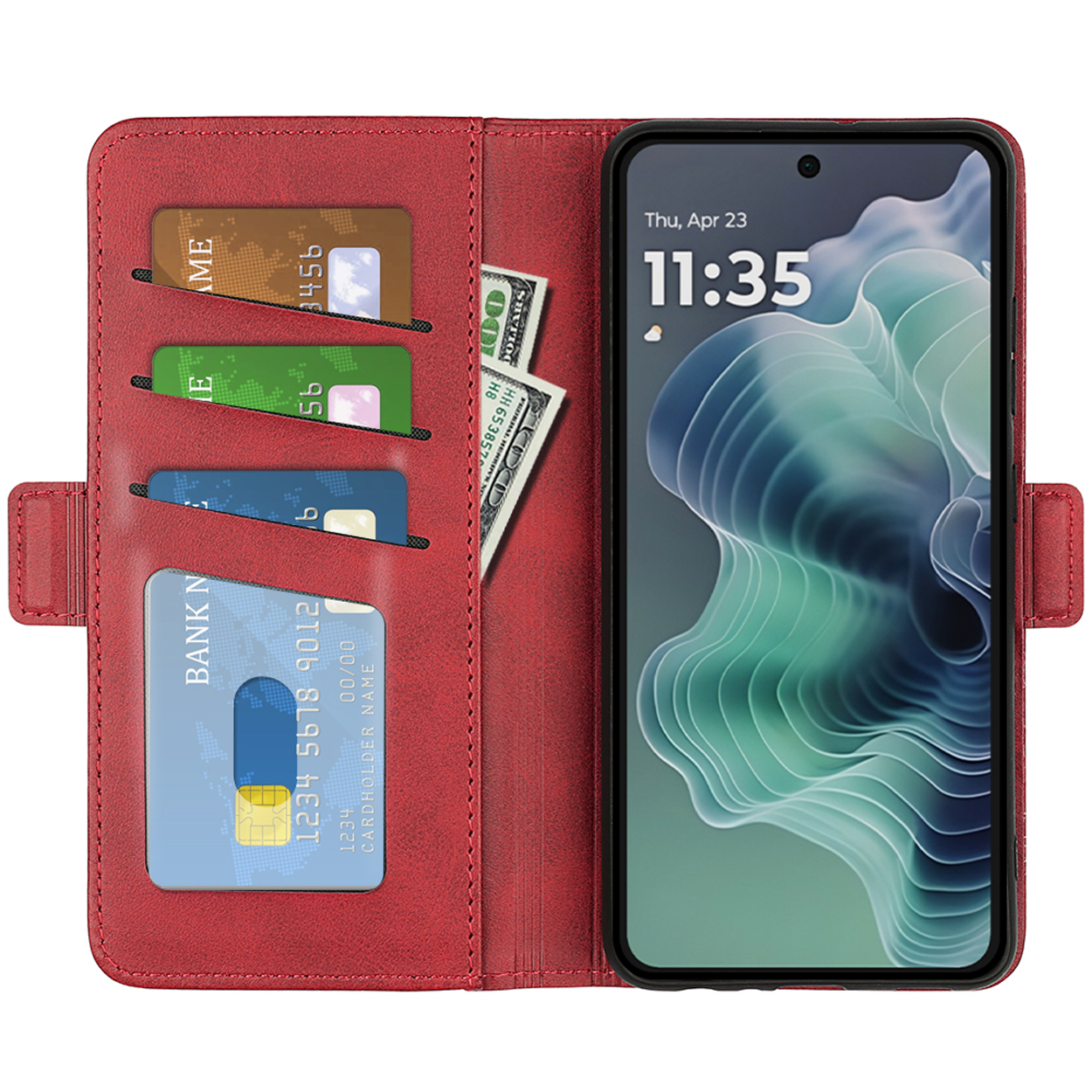 Étui de téléphone rouge avec cartes et argent. Le téléphone affiche la date et l'heure. Cartes : or, vert, bleu.