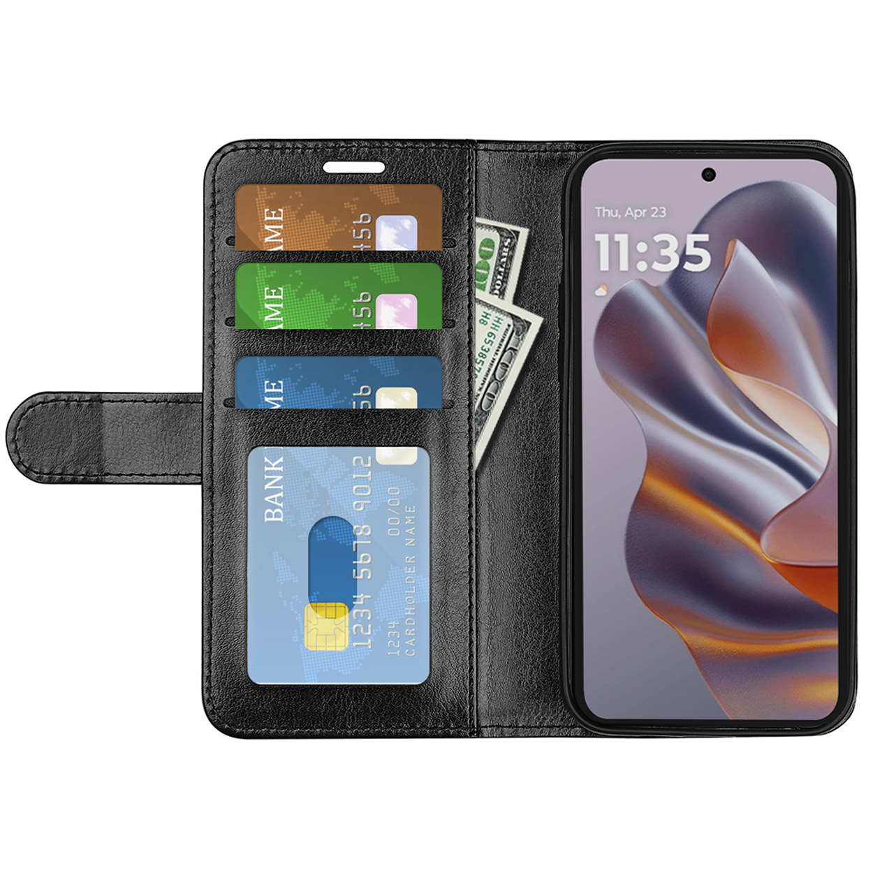 Zwarte telefoonhoes open met kaarten en geld. De telefoon toont tijd en datum.