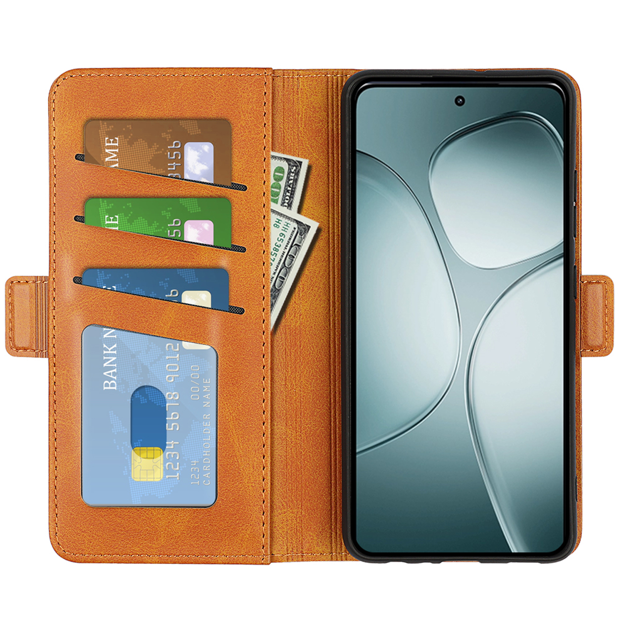Oranje telefoonhoes met kaarten en geld erin. Telefoonscherm zichtbaar.