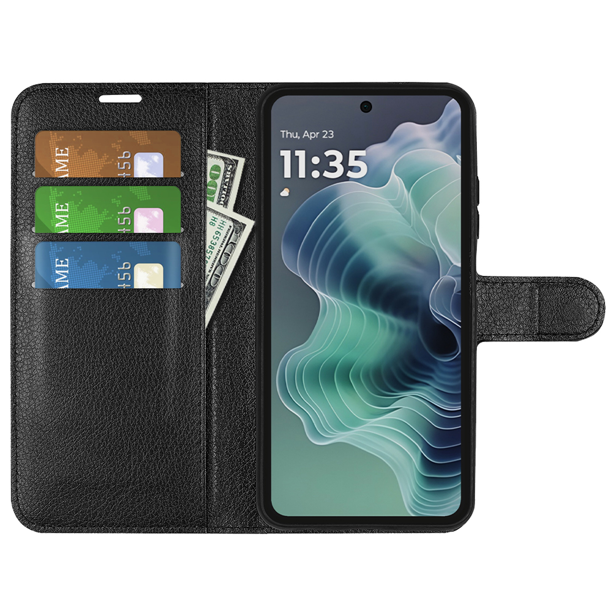Étui de téléphone noir ouvert avec téléphone, cartes et argent liquide. L'heure affichée est 11:35.