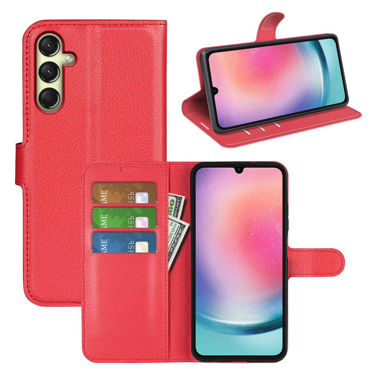 A red phone case with a phone inside and card slots. The case is open, showing cards and cash.