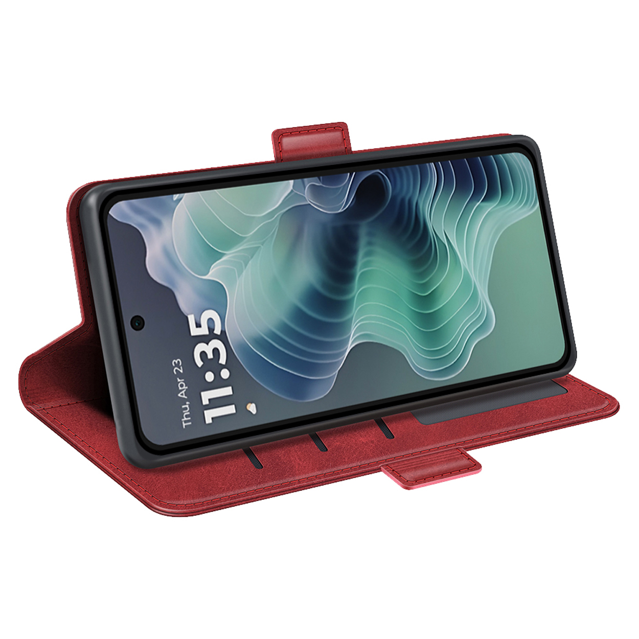 Étui de téléphone rouge ouvert affichant un téléphone avec écran. L'heure est 11:35.