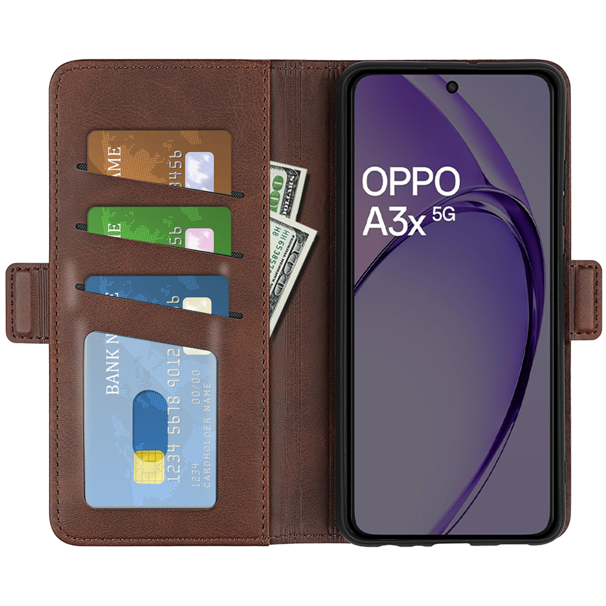 Bruine telefoonhoes open met kaarten en geld. De telefoon toont het OPPO A3x 5G logo.