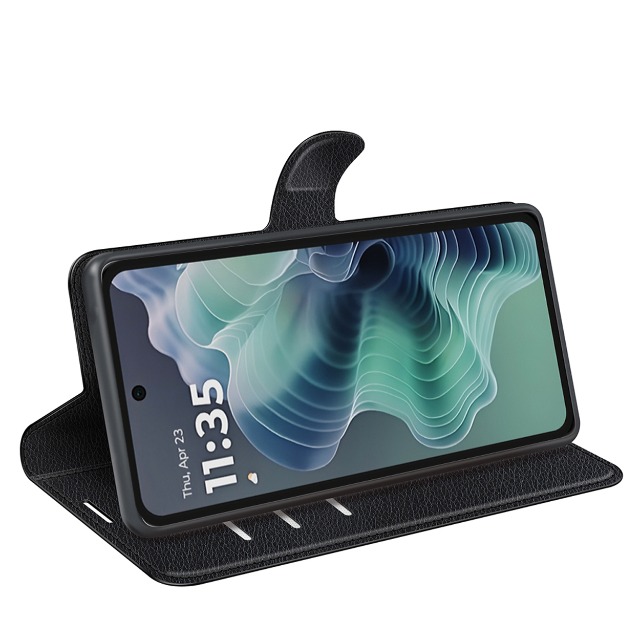 Étui de téléphone noir, ouvert, montrant le téléphone avec un affichage de l'horloge. Fond blanc.