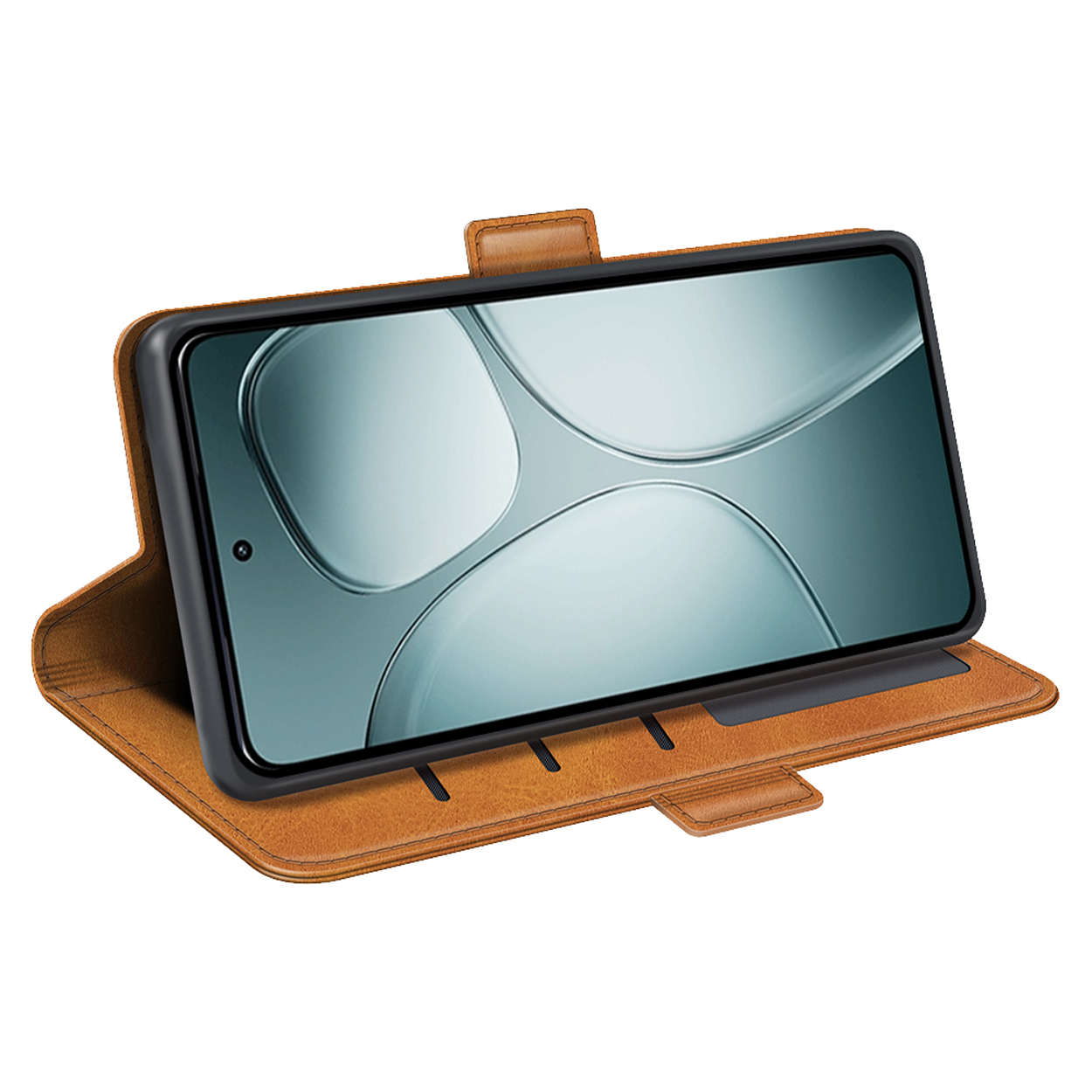 Telefoon in een bruin leren hoesje, open en schuin. Het scherm toont een blauwe afbeelding.