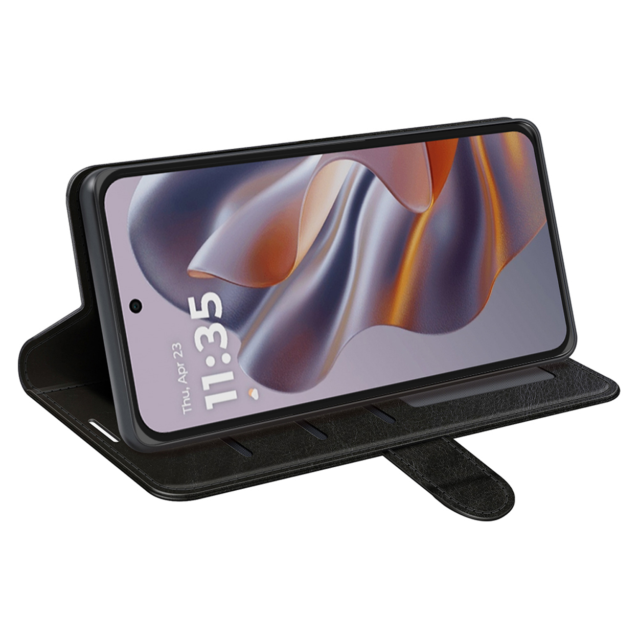 Zwarte telefoonportemonnee open met een telefoon met een digitale klok en abstract ontwerp.