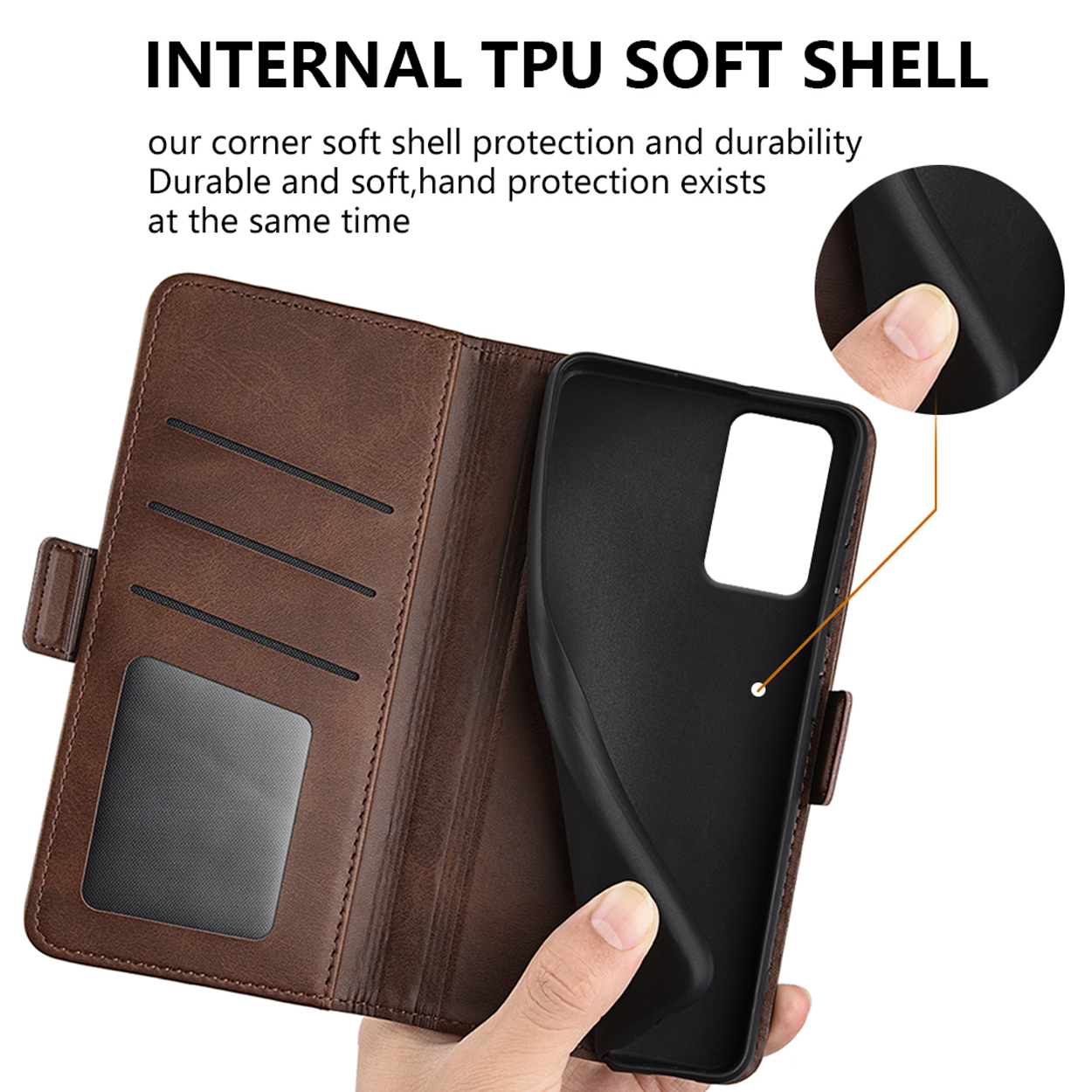 Étui de téléphone marron avec téléphone noir à l'intérieur, main le tenant. Texte : Internal TPU Soft Shell