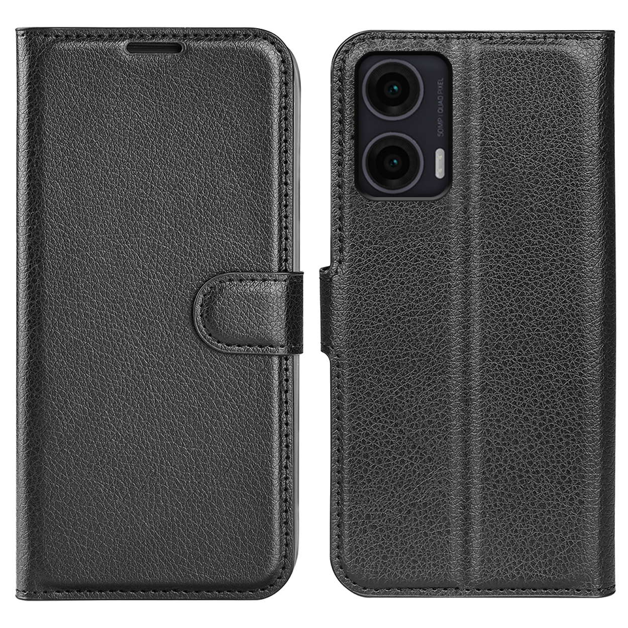 Étui de téléphone noir, vue avant et arrière. Bouton et détails de couture visibles.