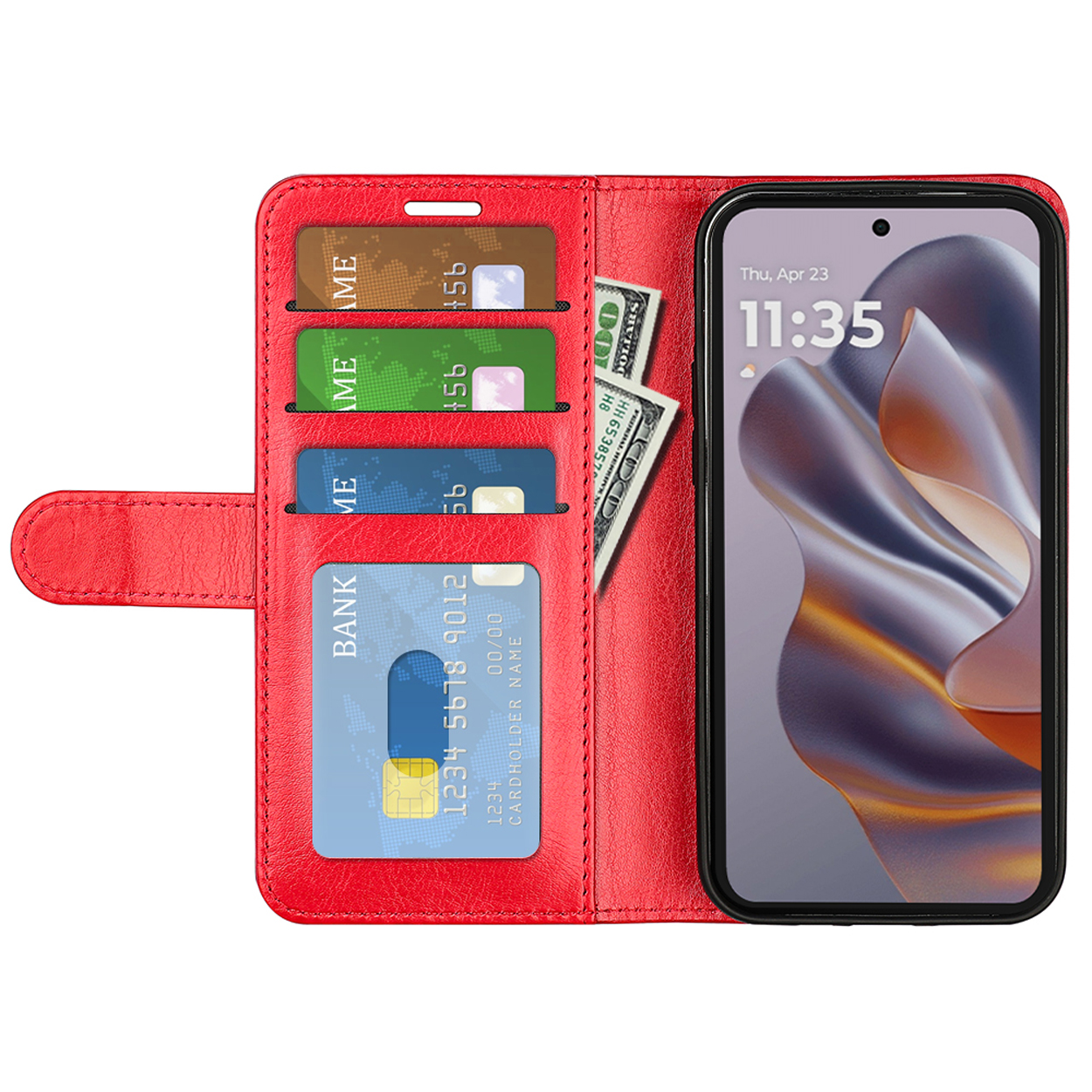 Rode telefoonhoes met kaarten en contant geld. Telefoon toont 11:35. Kaarten in de portemonnee.