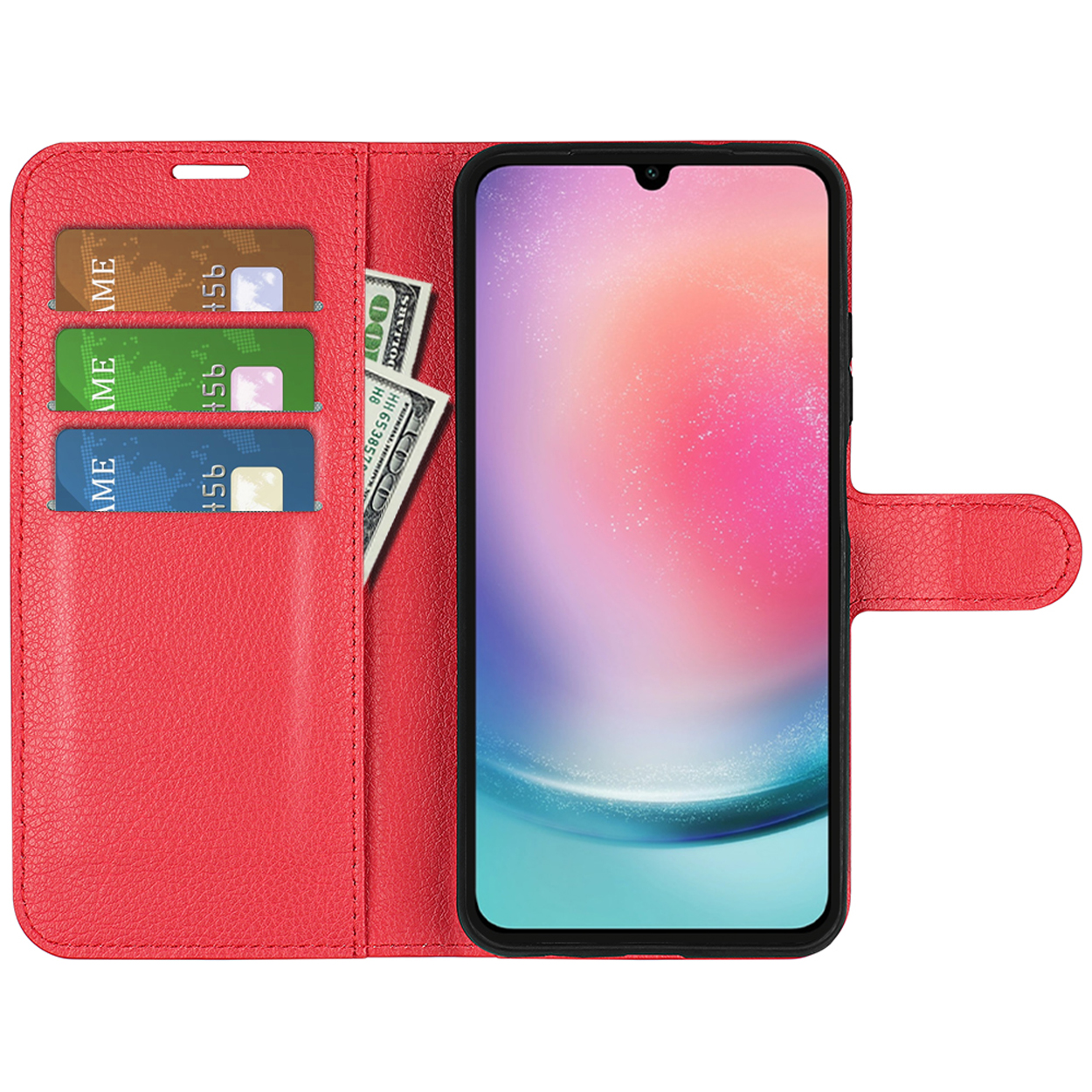 Open red phone case with a phone and card slots. The phone displays a home screen.