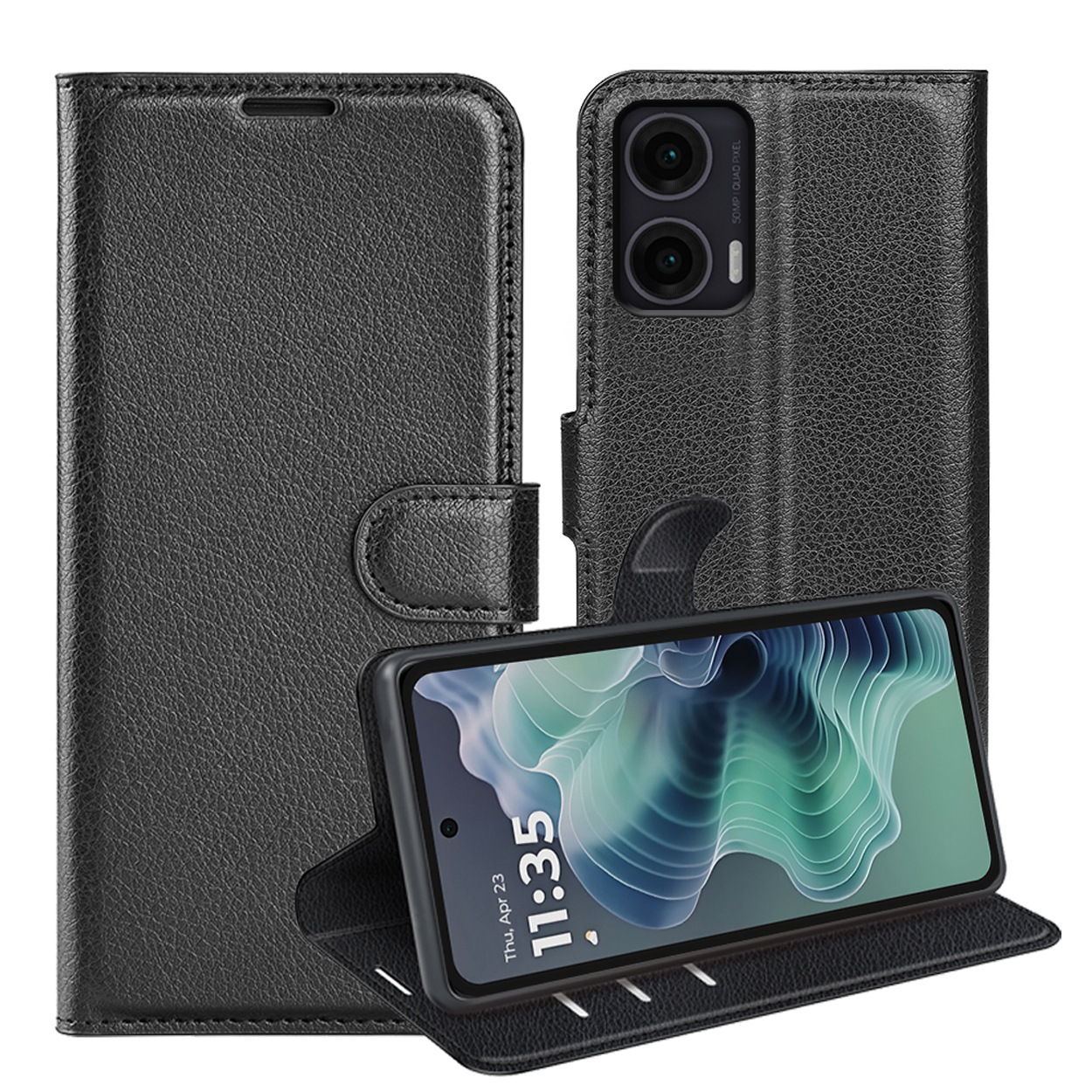 Portefeuille de téléphone noir ouvert, affichant un téléphone et des emplacements pour cartes. Il est sur une surface sombre.