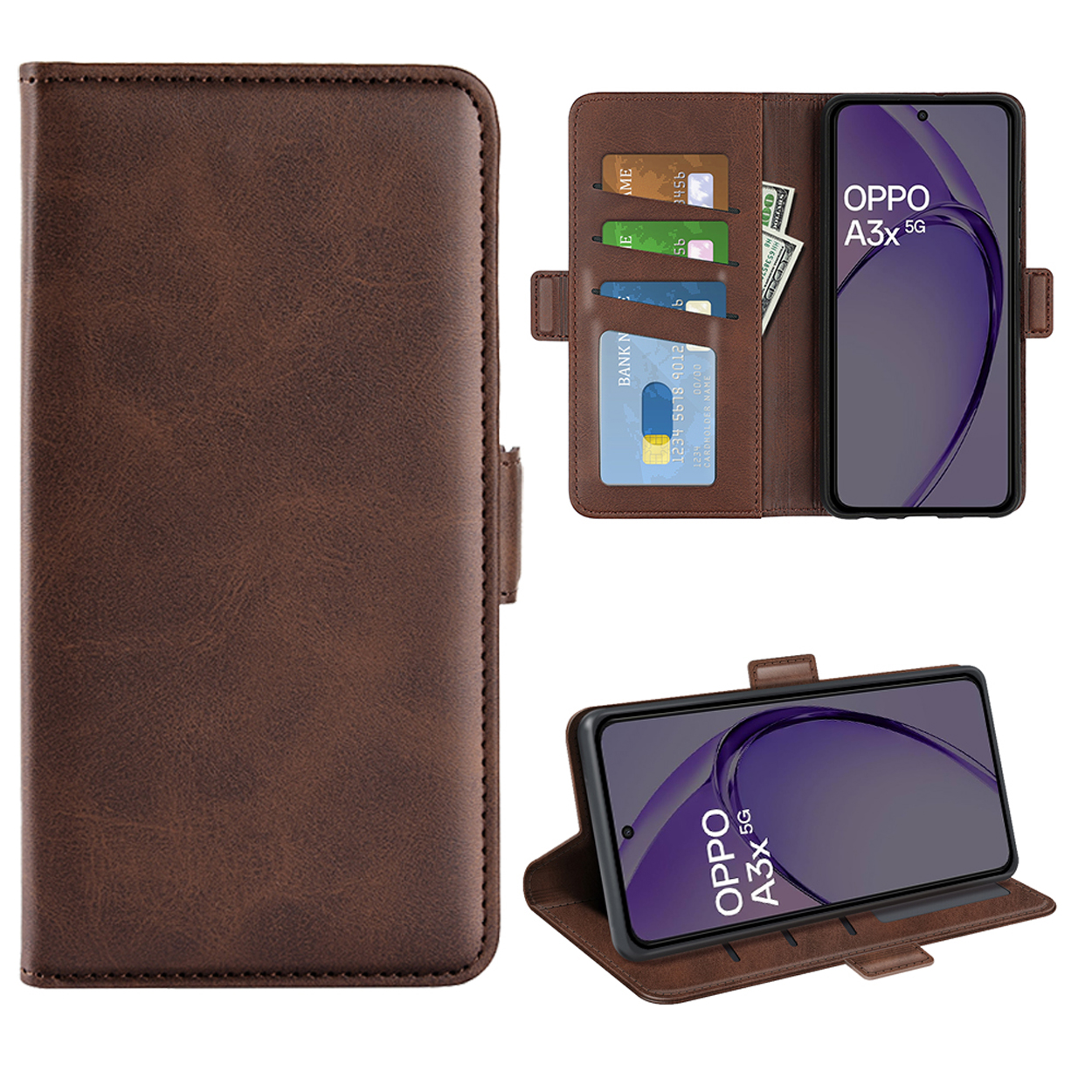 Bruine telefoonhoes open, met kaarten en geld erin. Het telefoonscherm toont het Oppo-logo.