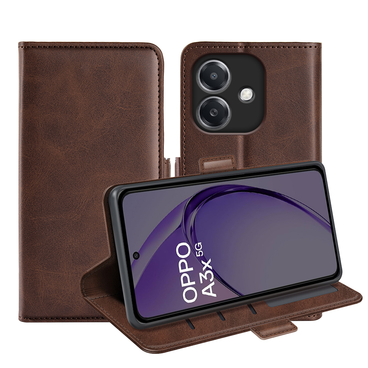 Bruine telefoonhoes met een open klep en een telefoon erin. Op de telefoon staat 'OPPO A3x 5G'.