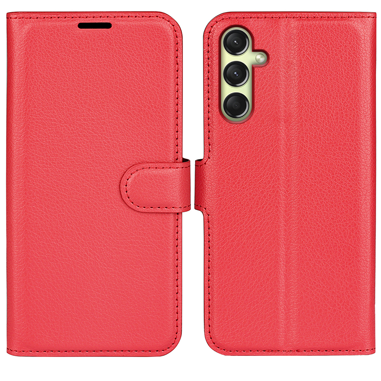 Red leather phone case. Open, with card slots and a phone.