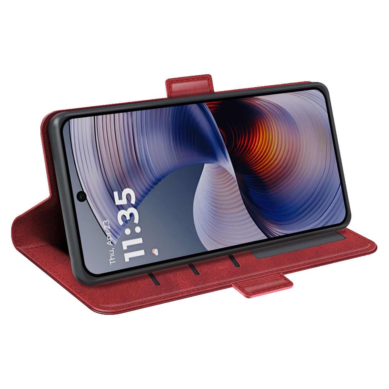 Rode telefoonhoes in een standpositie, met het telefoonscherm aan, met een klok.