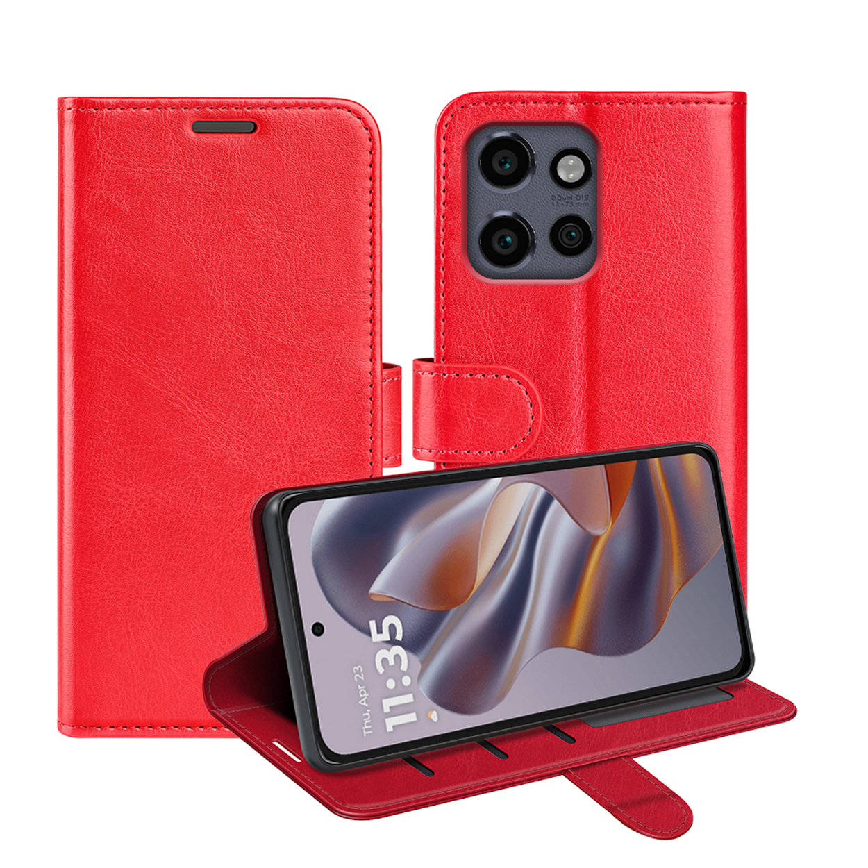 Rode telefoonhoes, open, toont de telefoon met een klokdisplay. Witte achtergrond.