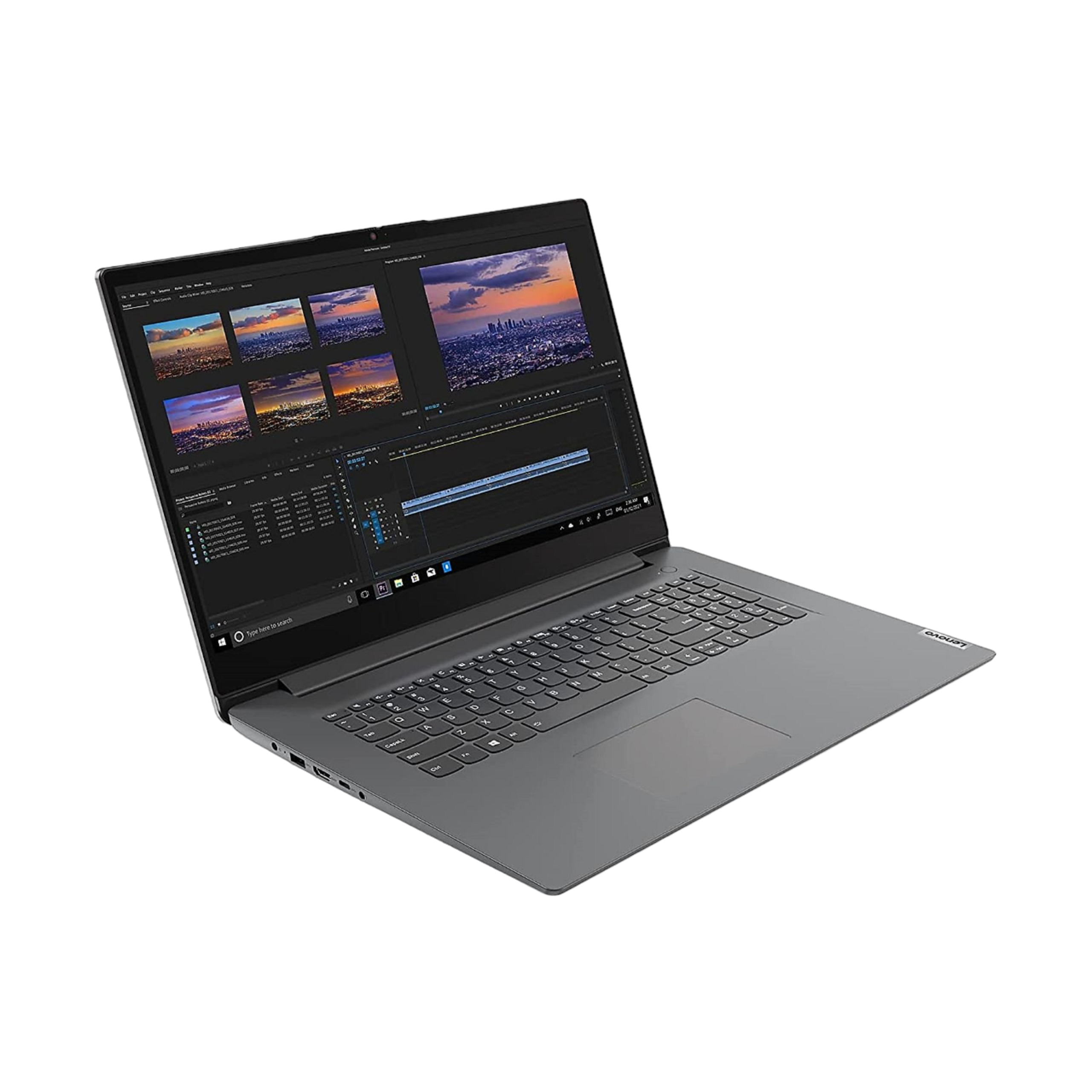 Ein grauer Laptop mit Bildschirm, der eine Bearbeitungssoftware anzeigt. Der Laptop ist auf weißem Grund geöffnet.