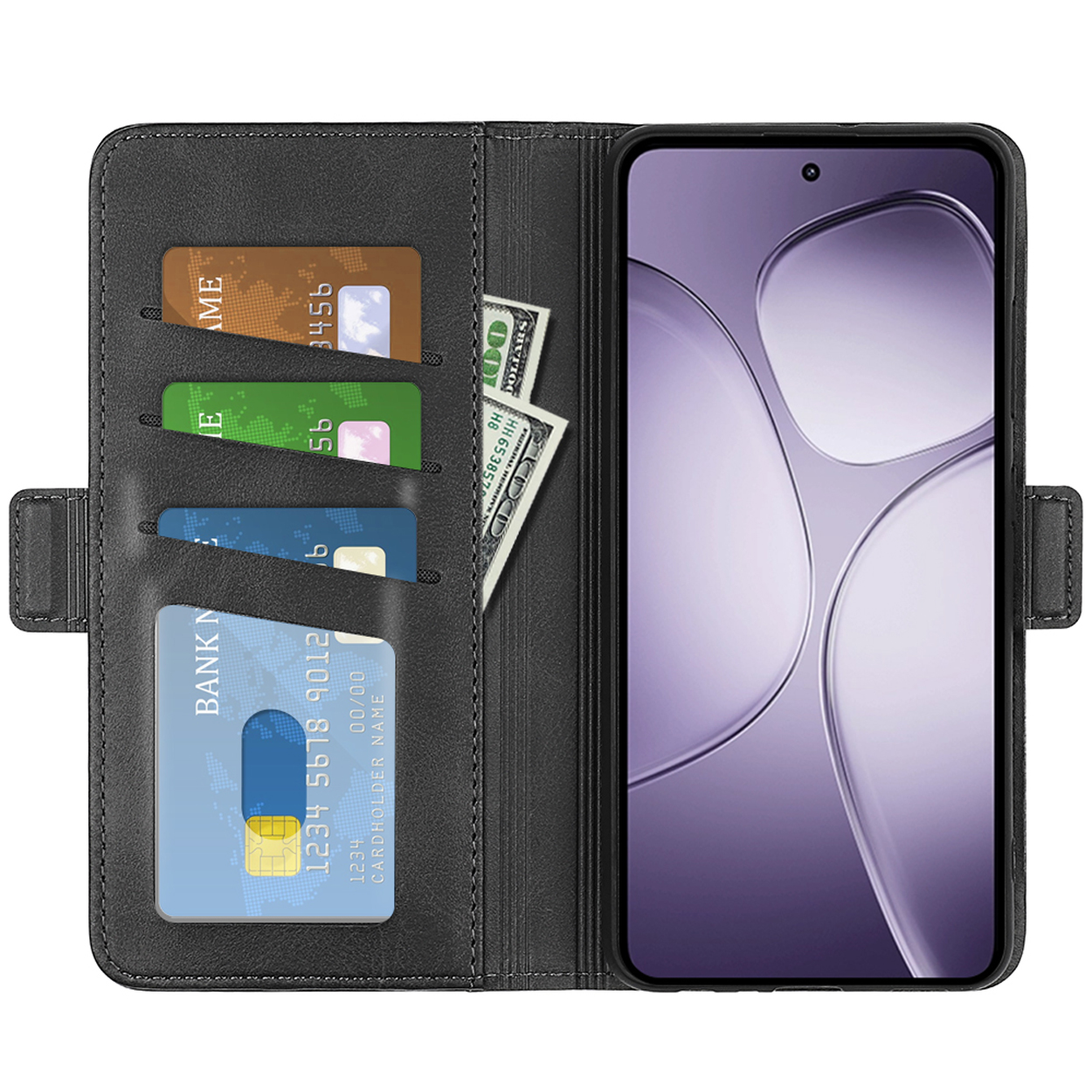 Open zwarte telefoonhoes met een telefoon, kaarten en geld. De telefoon toont een interface.