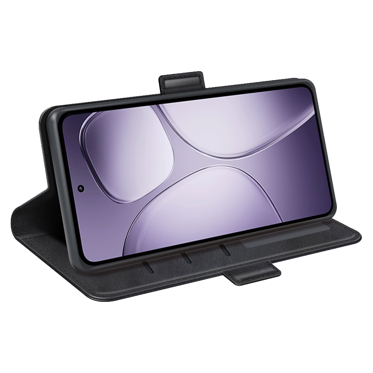 Een zwarte telefoon zit in een zwarte telefoonhoes, die open is, en de telefoon geeft een startscherm weer.
