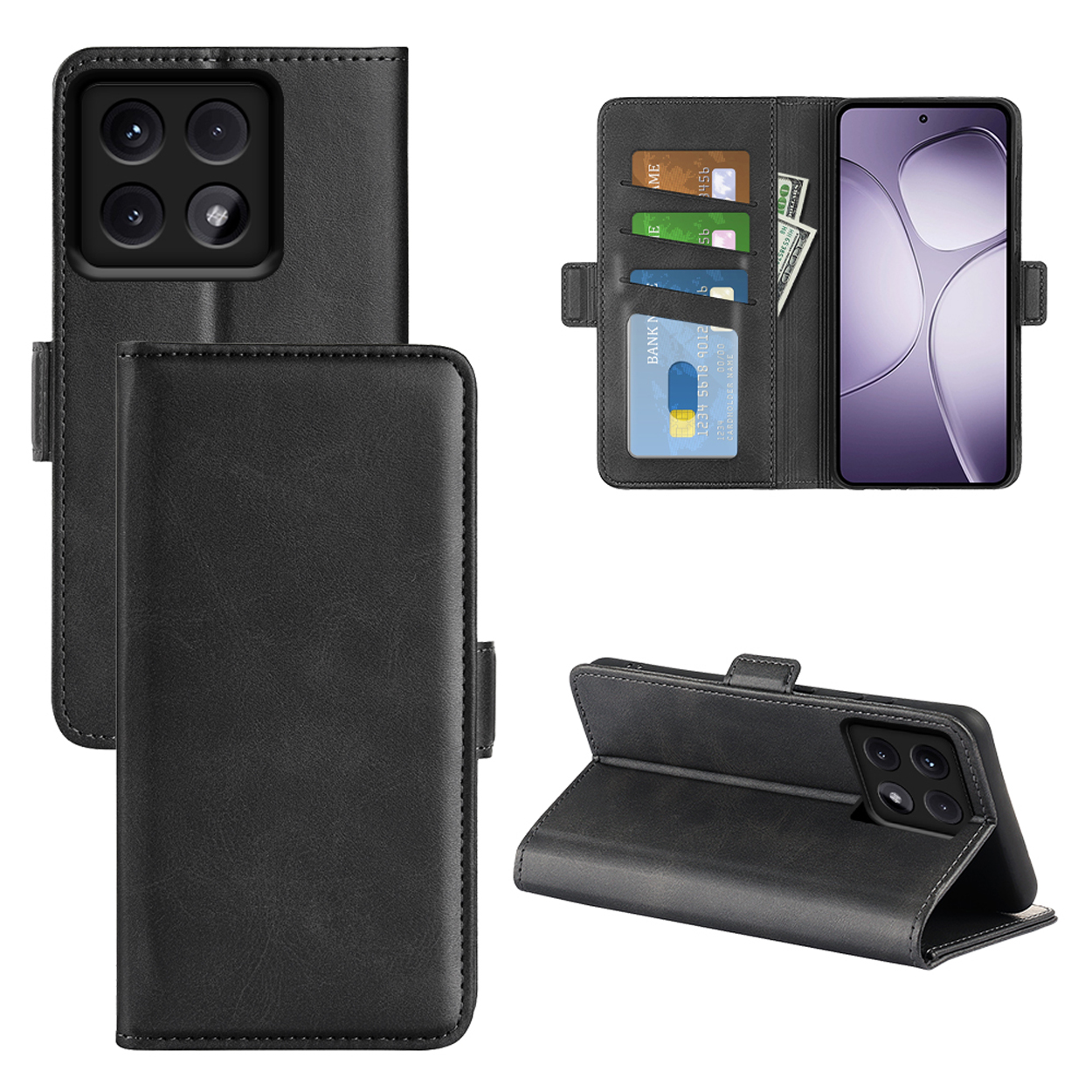 Zwarte telefoonhoes, open en dicht, met een telefoon. De hoes heeft kaartsleuven en een magnetische sluiting.