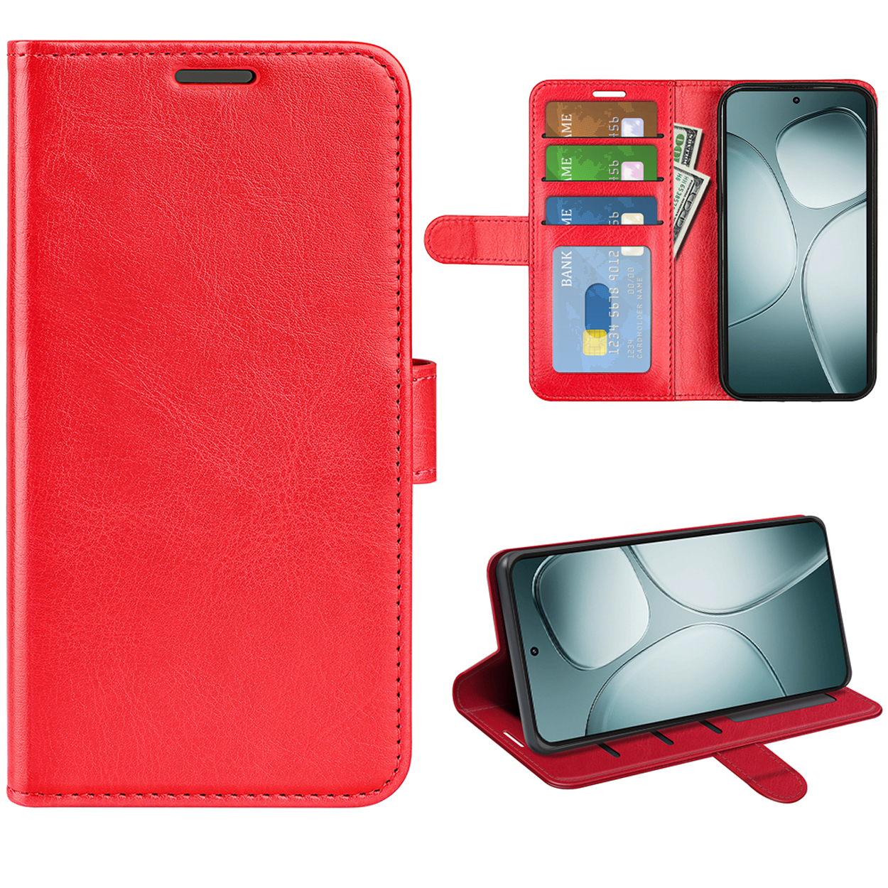 Étui de téléphone rouge avec cartes, argent et téléphone dans différentes positions.