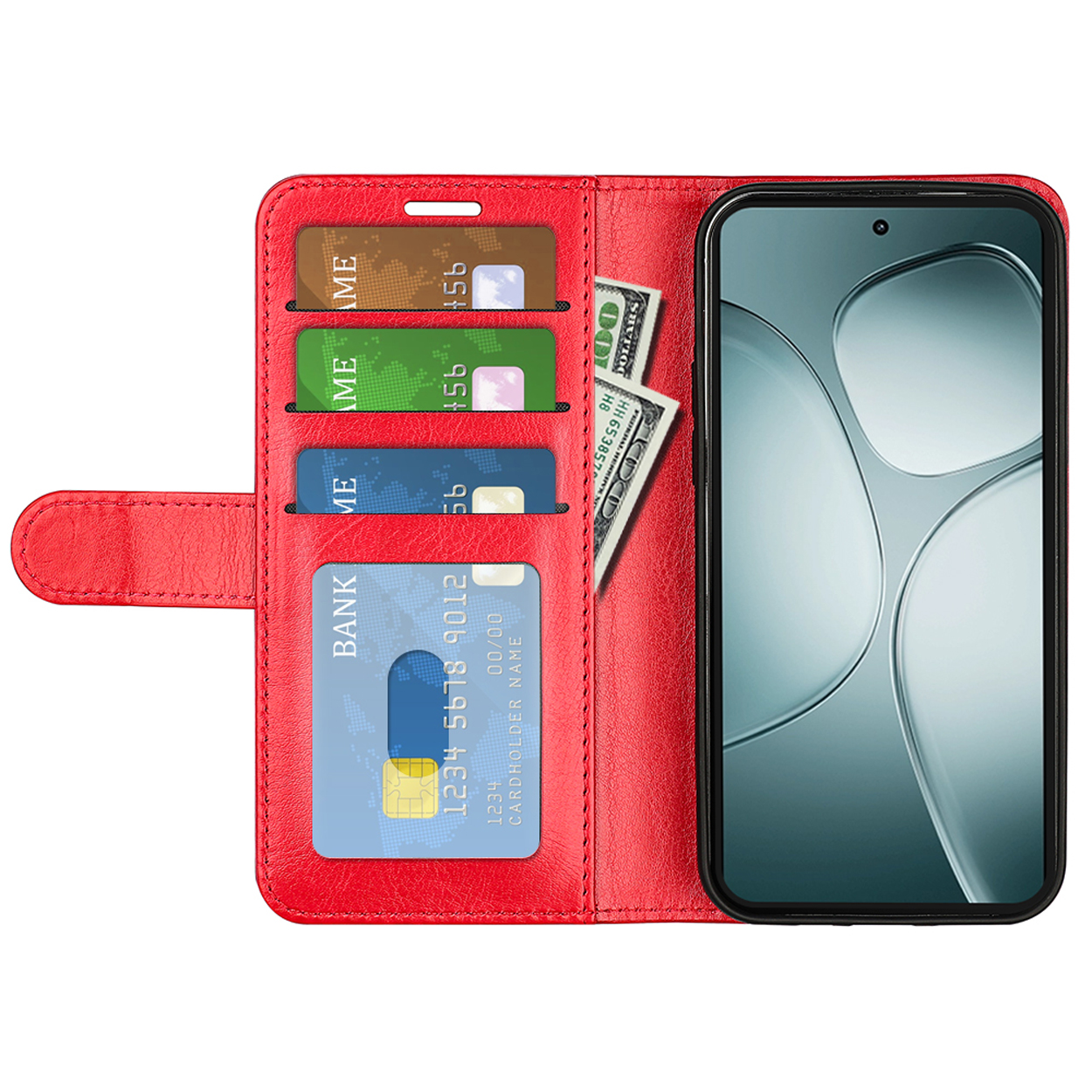 Coque de téléphone rouge ouverte avec cartes et argent. Le téléphone affiche un design argenté.