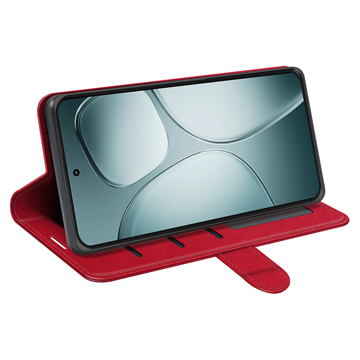 Étui de téléphone rouge avec un téléphone. Le téléphone est dans l'étui et ouvert. Il montre l'écran.