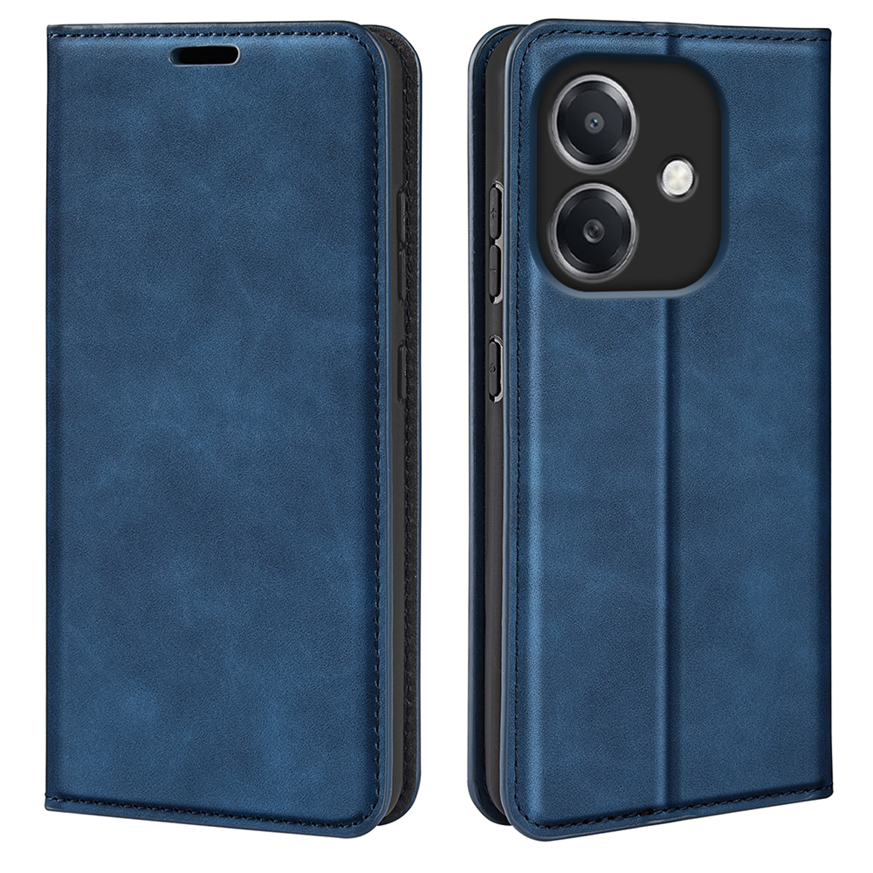 Étui de téléphone bleu, ouvert, affichant un téléphone.