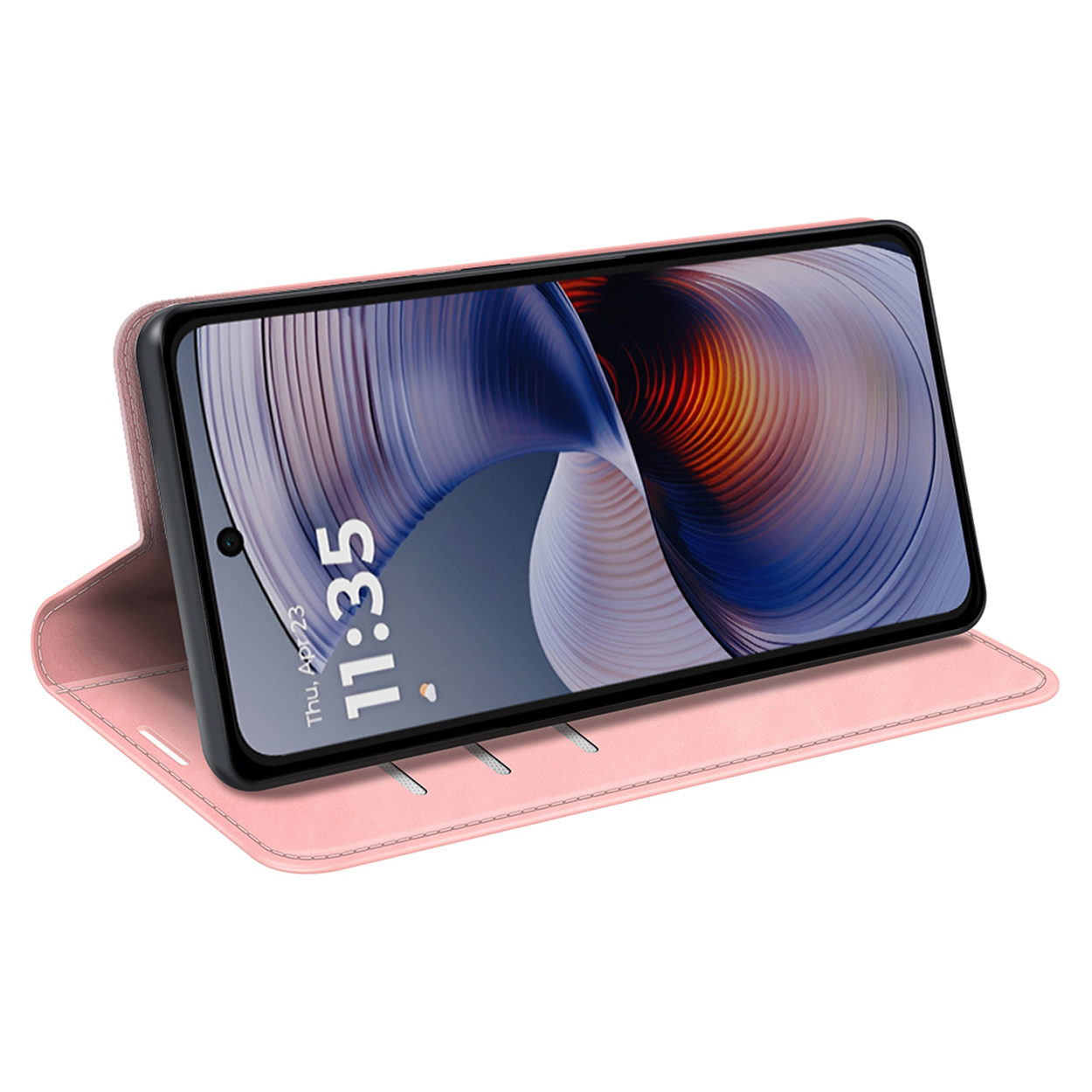 Roze telefoonhoes met een telefoon die 11:35 weergeeft. De telefoon is open en in landschapsweergave.