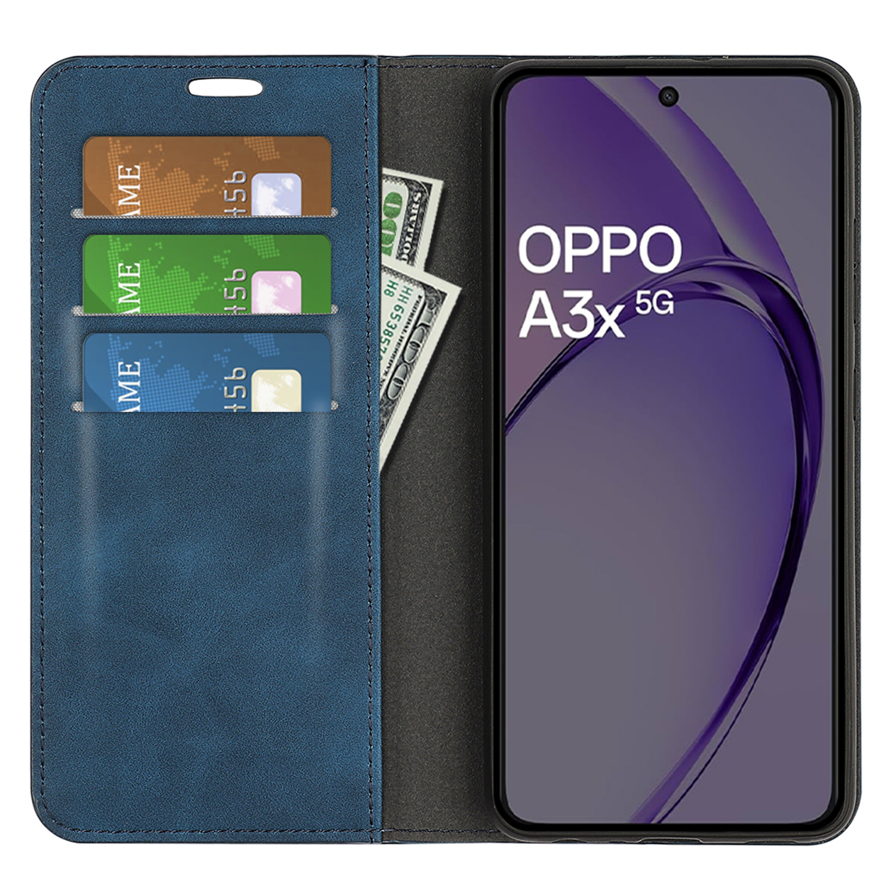 Étui de téléphone bleu ouvert avec cartes et argent, montrant l'écran du téléphone.