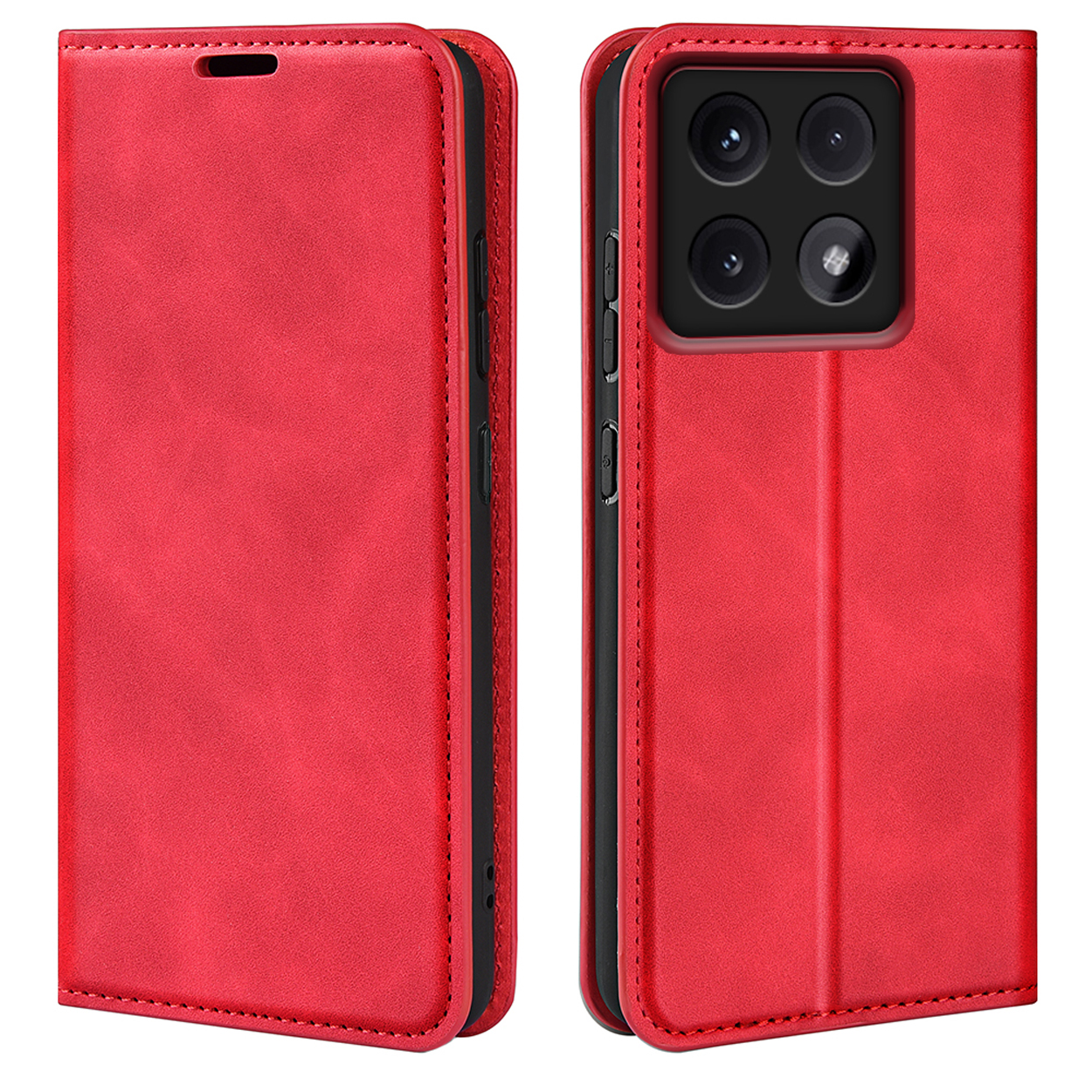 Rode telefoonhoes, voor- en achteraanzicht. De hoes heeft een knop en ruimte voor camera's.