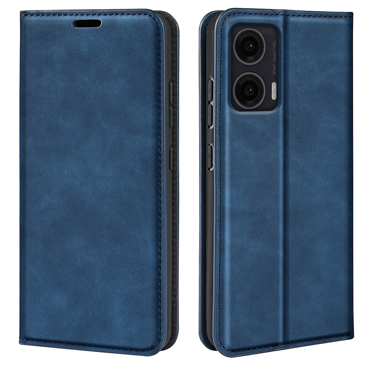 Étui de téléphone en cuir bleu, fermé et ouvert. Le téléphone n'est pas visible. Coutures noires autour des bords.