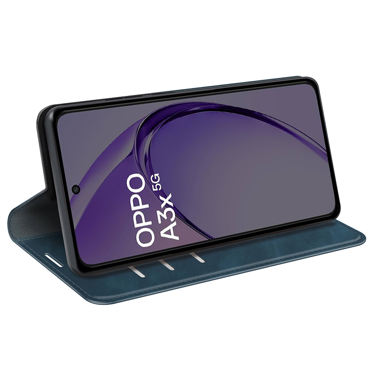 Étui de téléphone bleu avec téléphone affichant 'OPPO A3x 5G'.