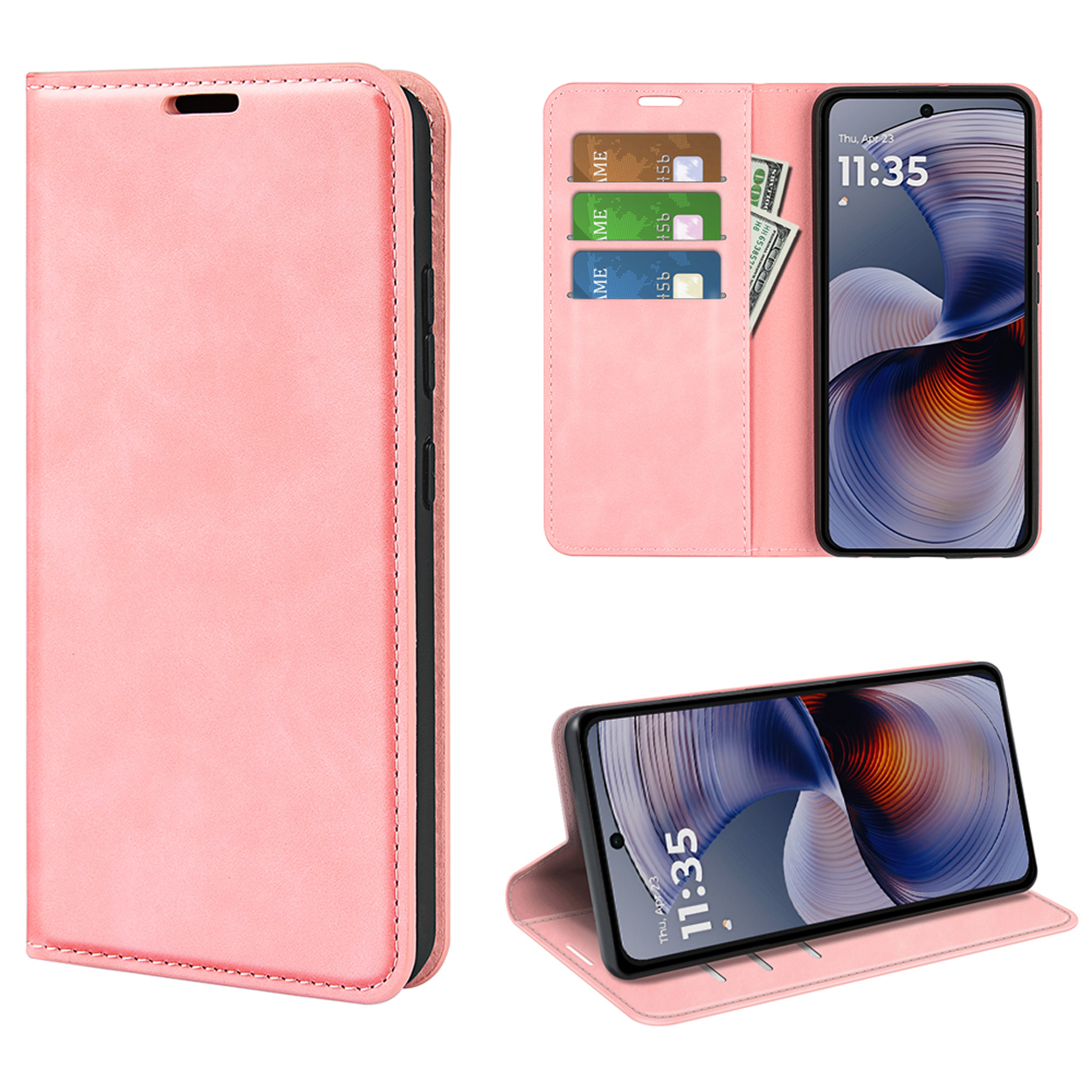 Roze leren telefoonhoes met kaarten, geld en een telefoon die de tijd toont.
