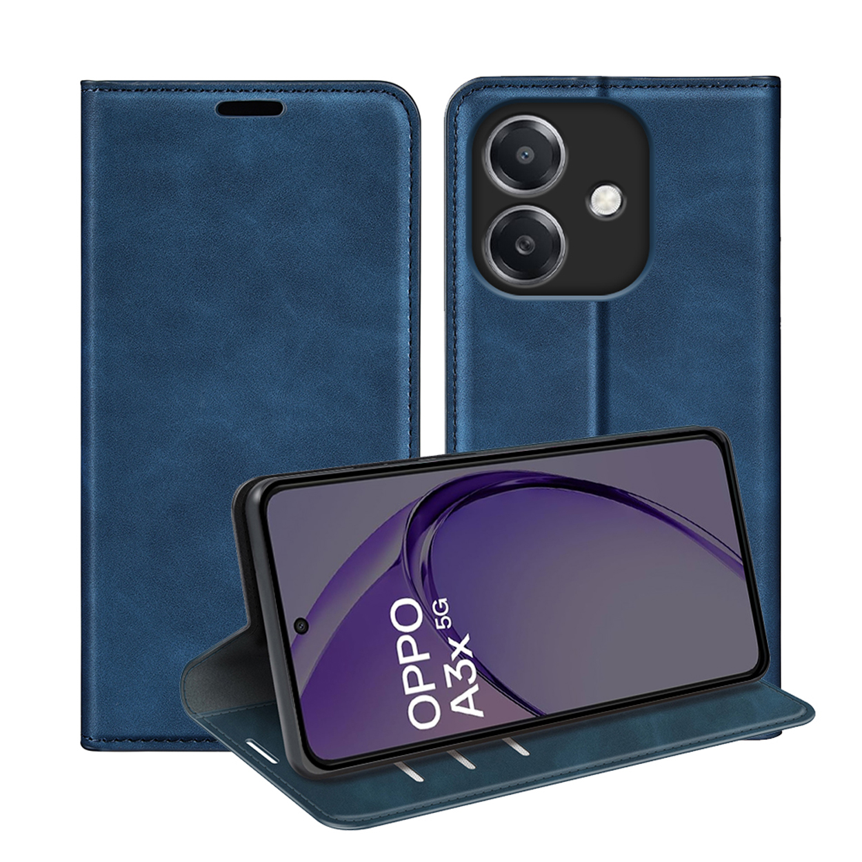 Étui de téléphone bleu, ouvert, montrant un téléphone avec un écran. Fond blanc.