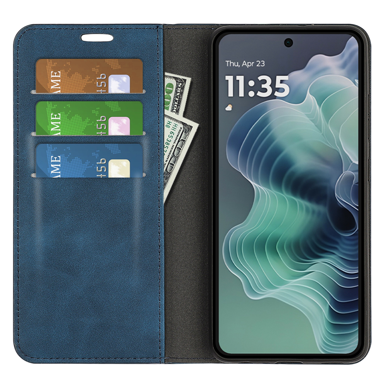 Étui de téléphone bleu avec téléphone, cartes et argent. Téléphone dans l'étui, cartes et argent visibles.