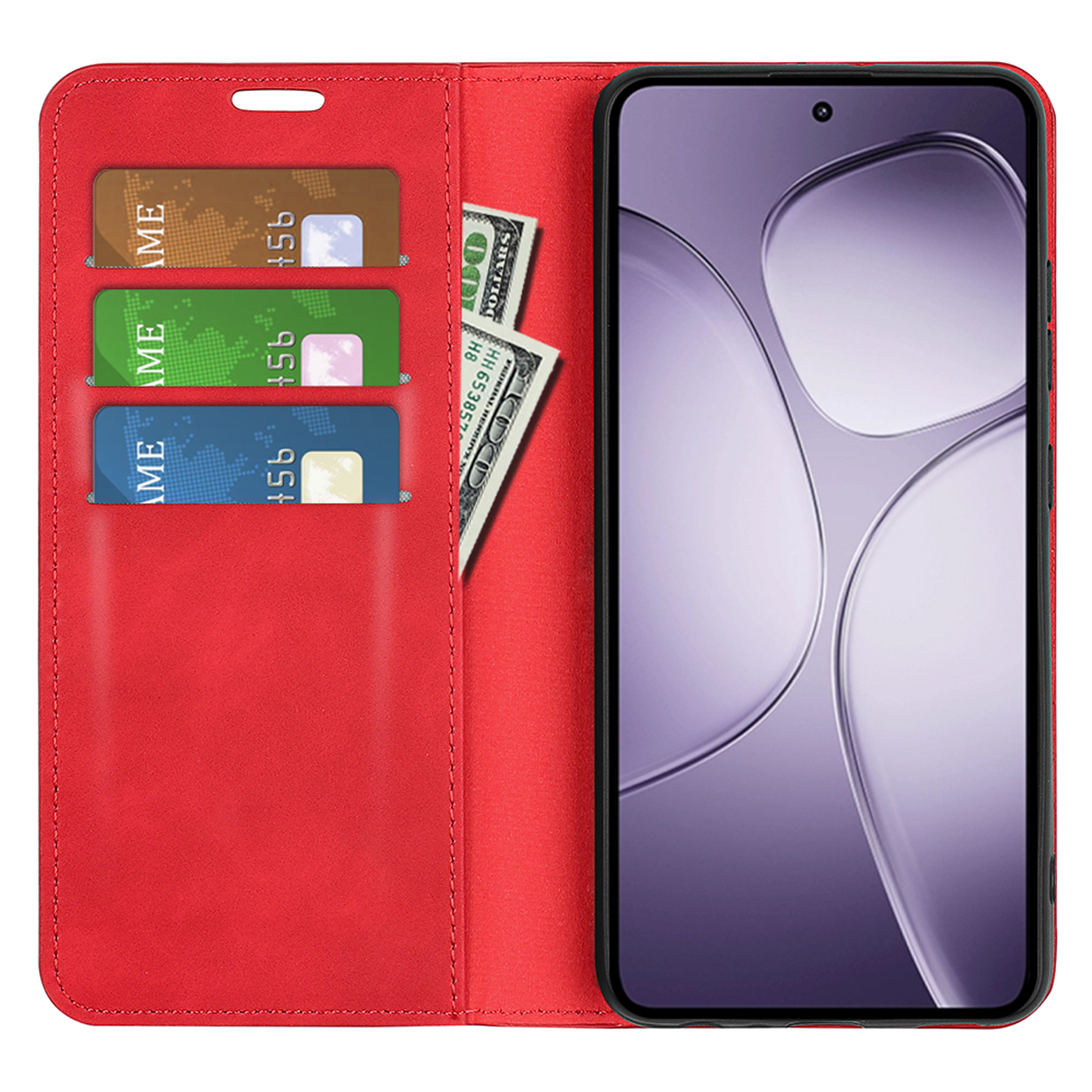 Rode telefoonhoes open met telefoon erin. Creditcards, contant geld zitten in de hoes.