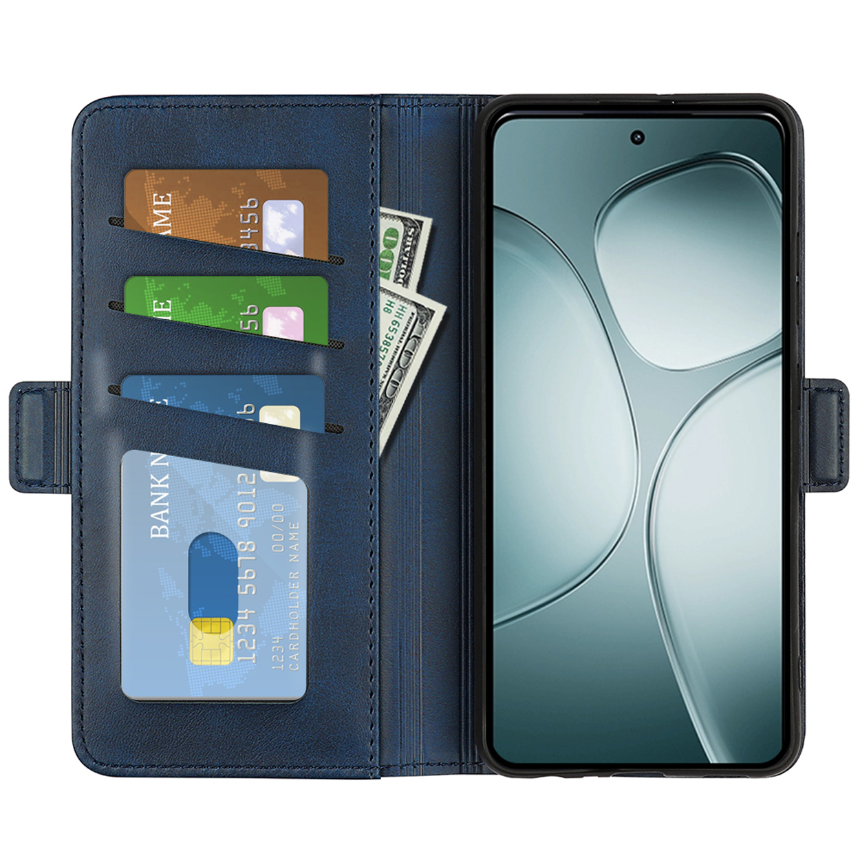 Blauwe telefoonhoes open, met telefoon, kaarten en geld zichtbaar.