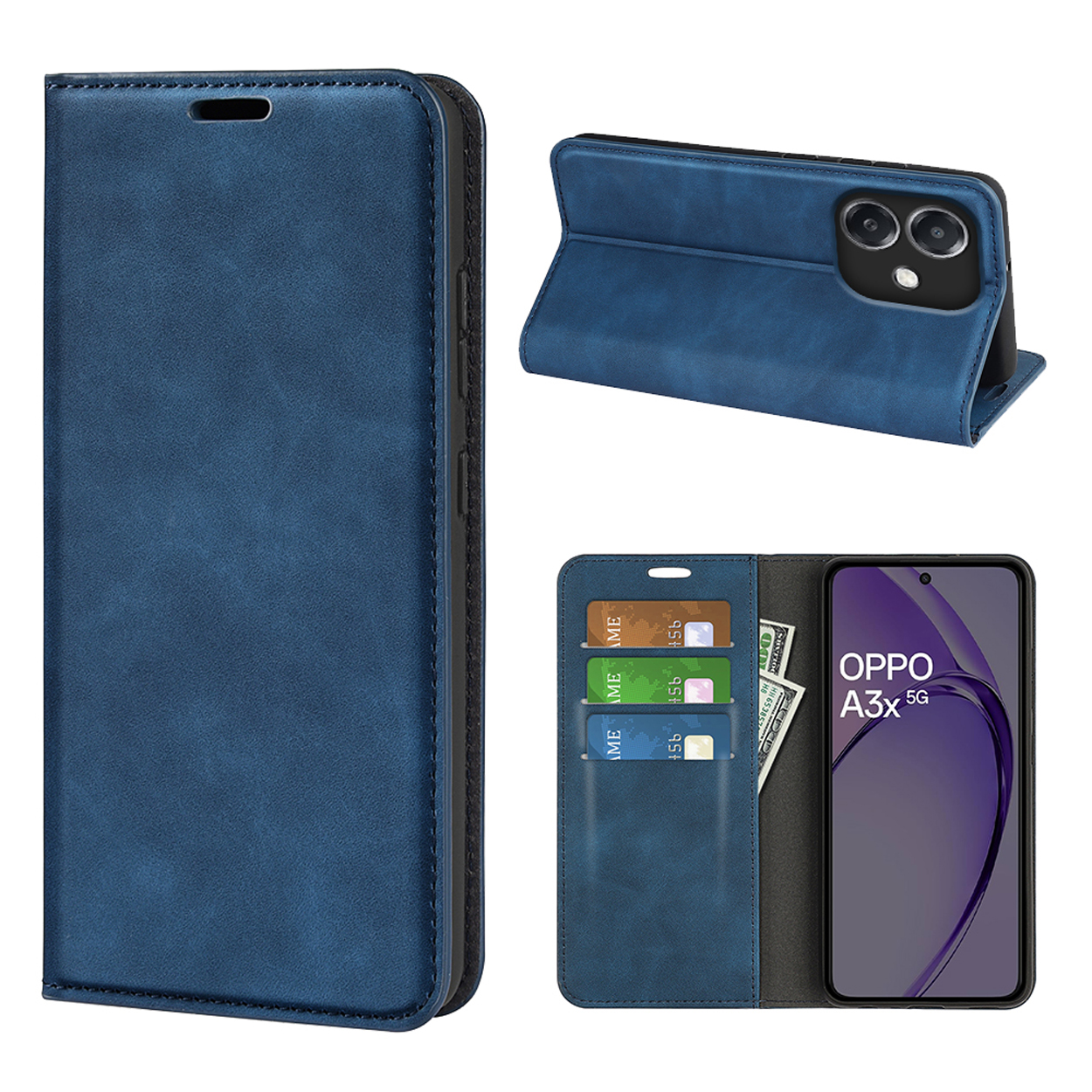 Étui de téléphone bleu ouvert. Affiche un téléphone et a des fentes pour cartes. Le téléphone affiche le logo OPPO A3x 5G.