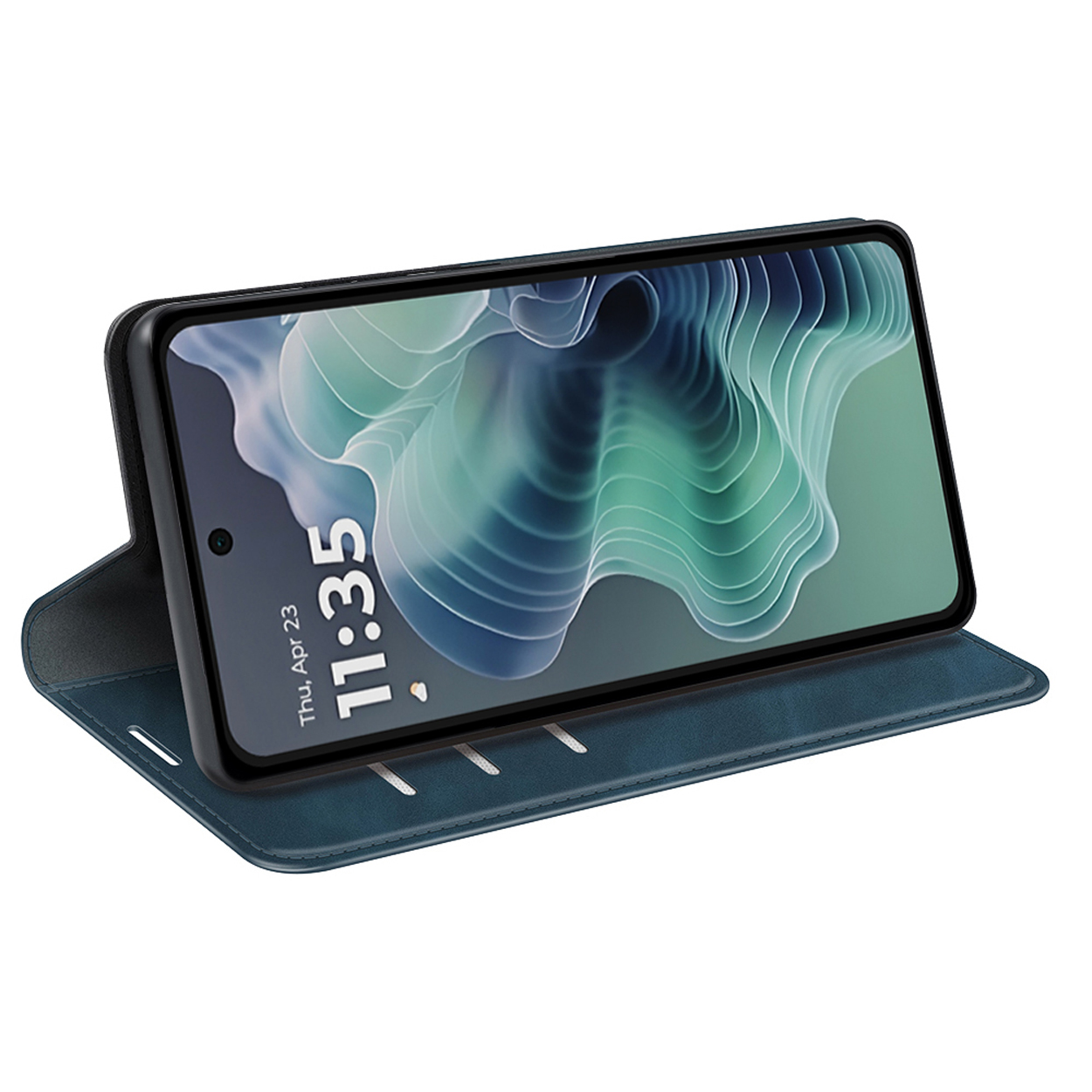 Téléphone dans un étui bleu, affichant l'heure 11h35. L'étui est ouvert, montrant le téléphone.