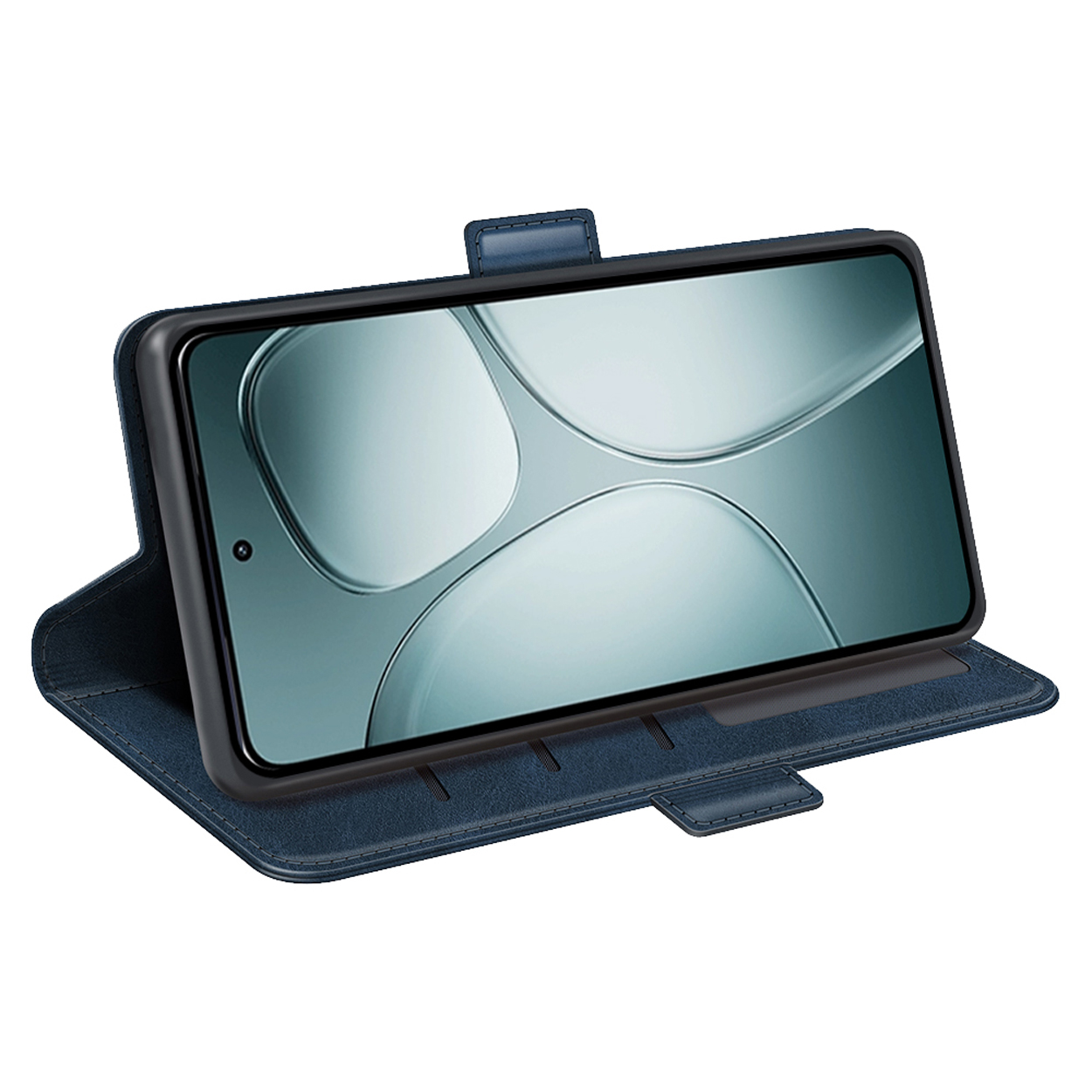 Een telefoon zit in een blauwe telefoonhoes, de telefoonhoes is open en de telefoon geeft een startscherm weer.