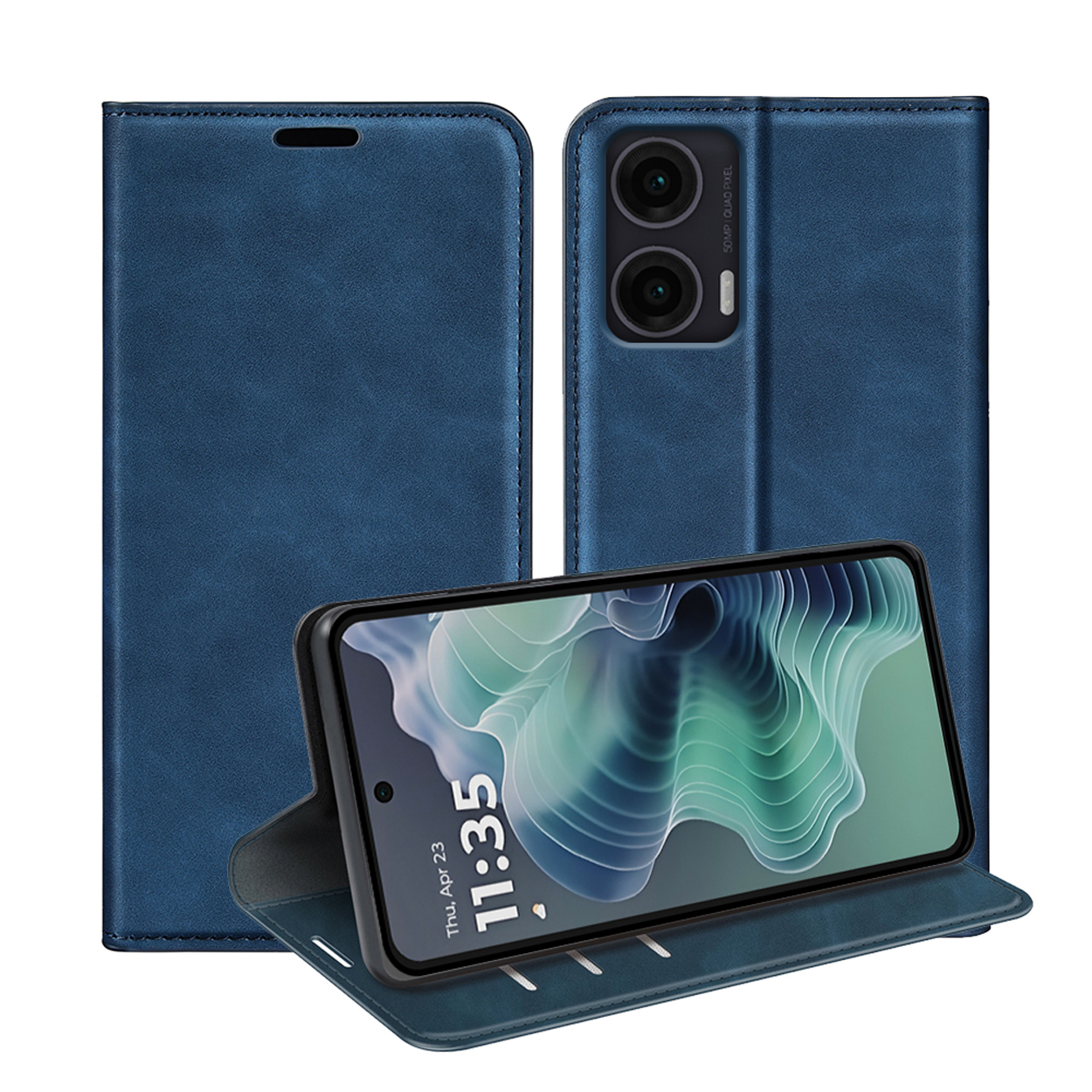 Étui de téléphone bleu ouvert, montrant un téléphone et un module caméra.