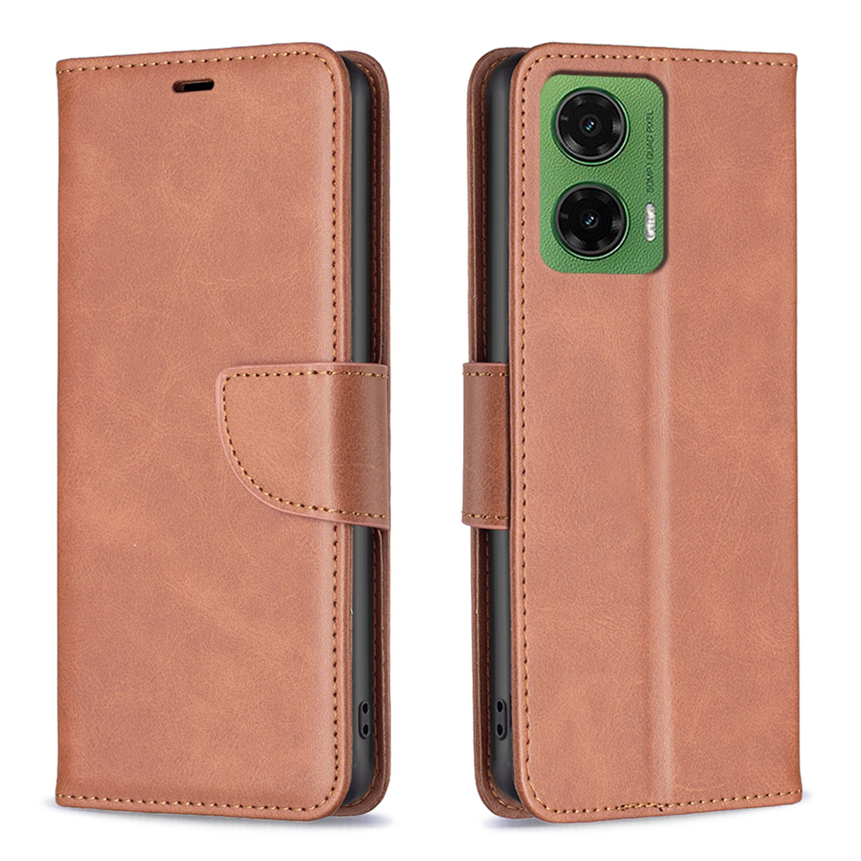 Bruine leren telefoonhoes met telefoon en groene camera.